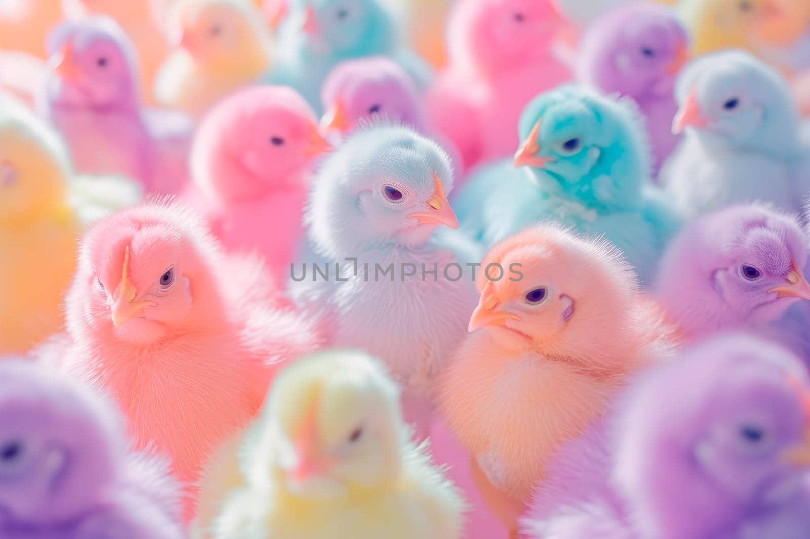 Happy Easter background. Large group of newly hatched colored chicks on a chicken farm. AI generated