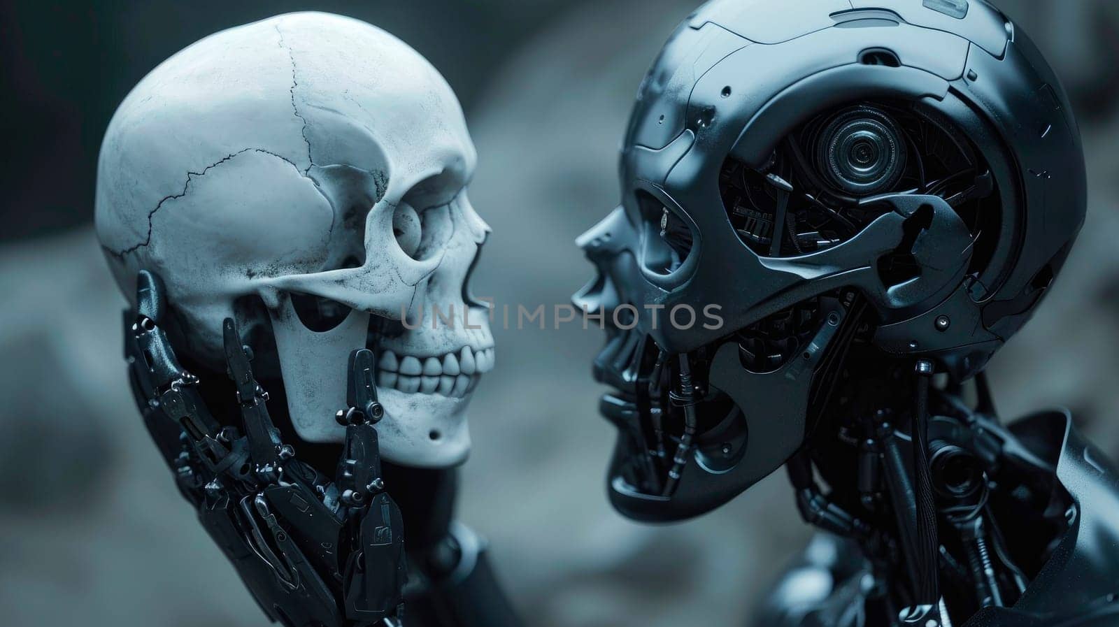 Robot  holding a human skull. Cyborg with human skull in his hands. AI generated