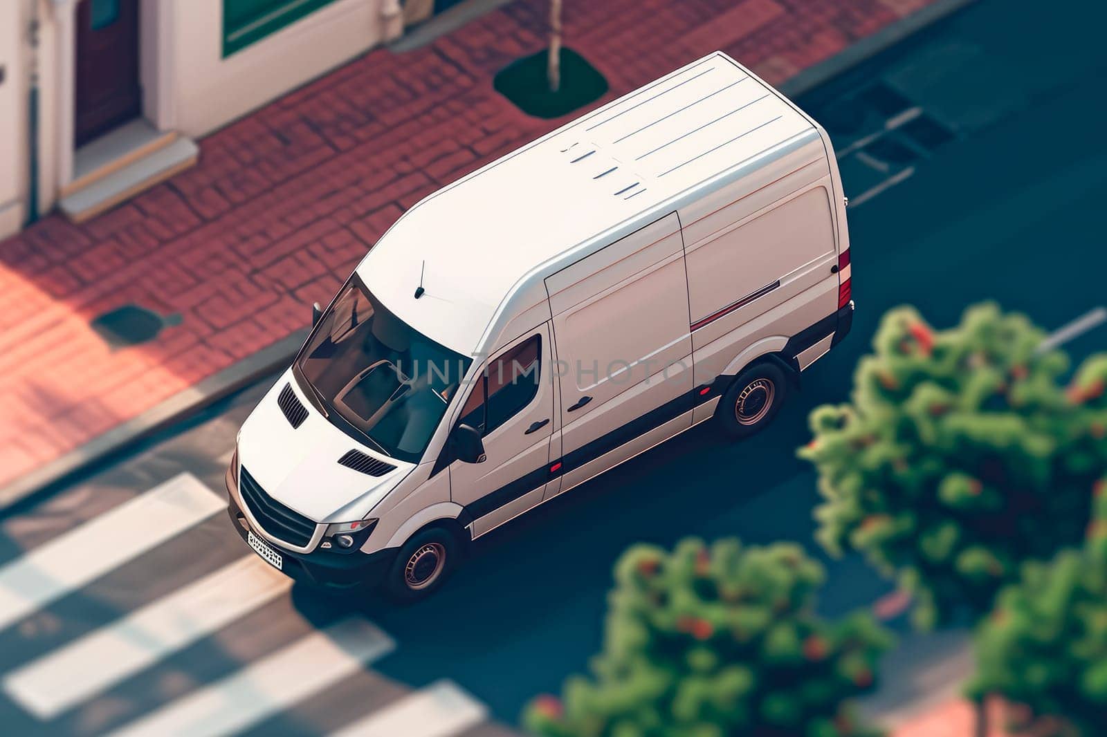 White delivery cargo courier van moving fast on city street. Aerial top view. AI generated