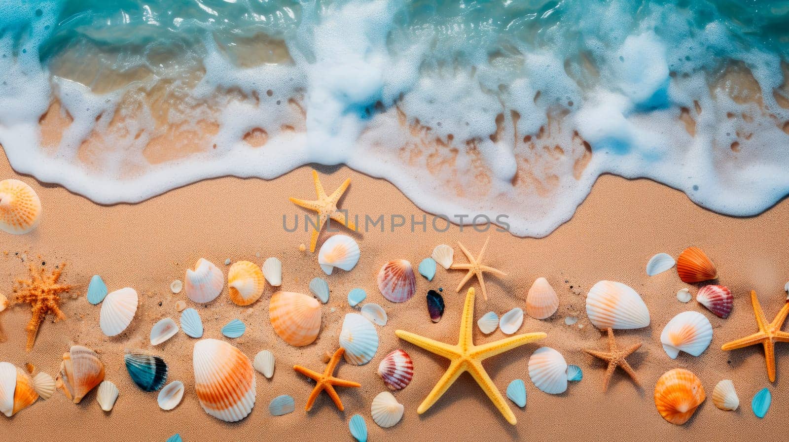 Sandy beach with collections of seashells and starfish as natural textured background for summer holiday and vacations concept . AI generated