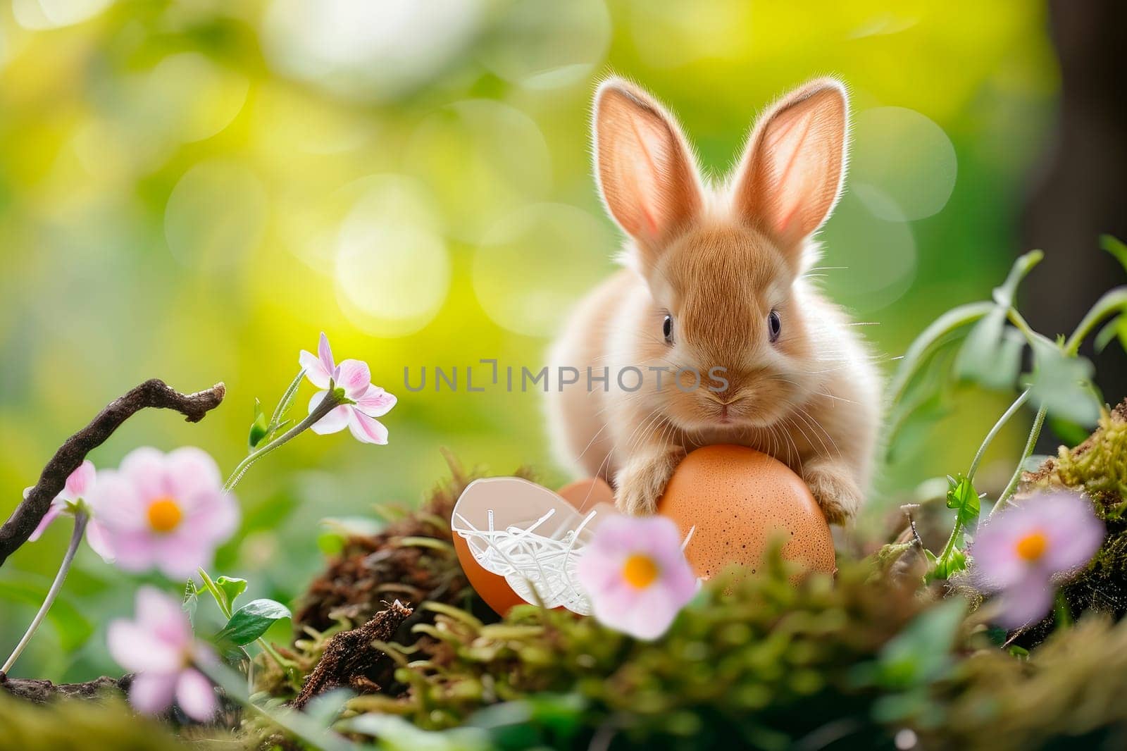 Happy Easter holiday background. Cute miniature rabbit with egg shell,  egg elements and spring flowers. AI generated