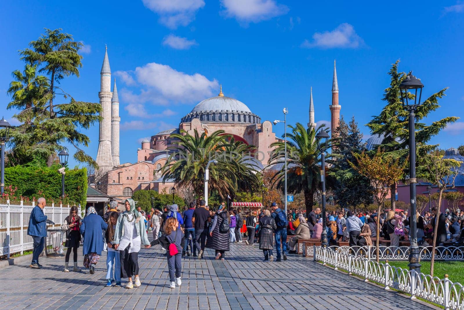 Istanbul, Turkey - November 14, 2023. View of the Sultan Ahmet Park in front of Hagia Sophia Grand Mosque and Hagia Sophia Hurrem Sultan Bathhouse. Sultanahmet neighbourhood, City of Istanbul, Turkey.
