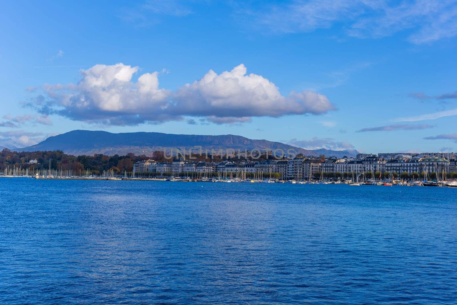 Geneva, Switzerland: November,15 2023: View of Lake Geneva. Lake Geneva is a lake on the north side of the Alps, shared between Switzerland and France