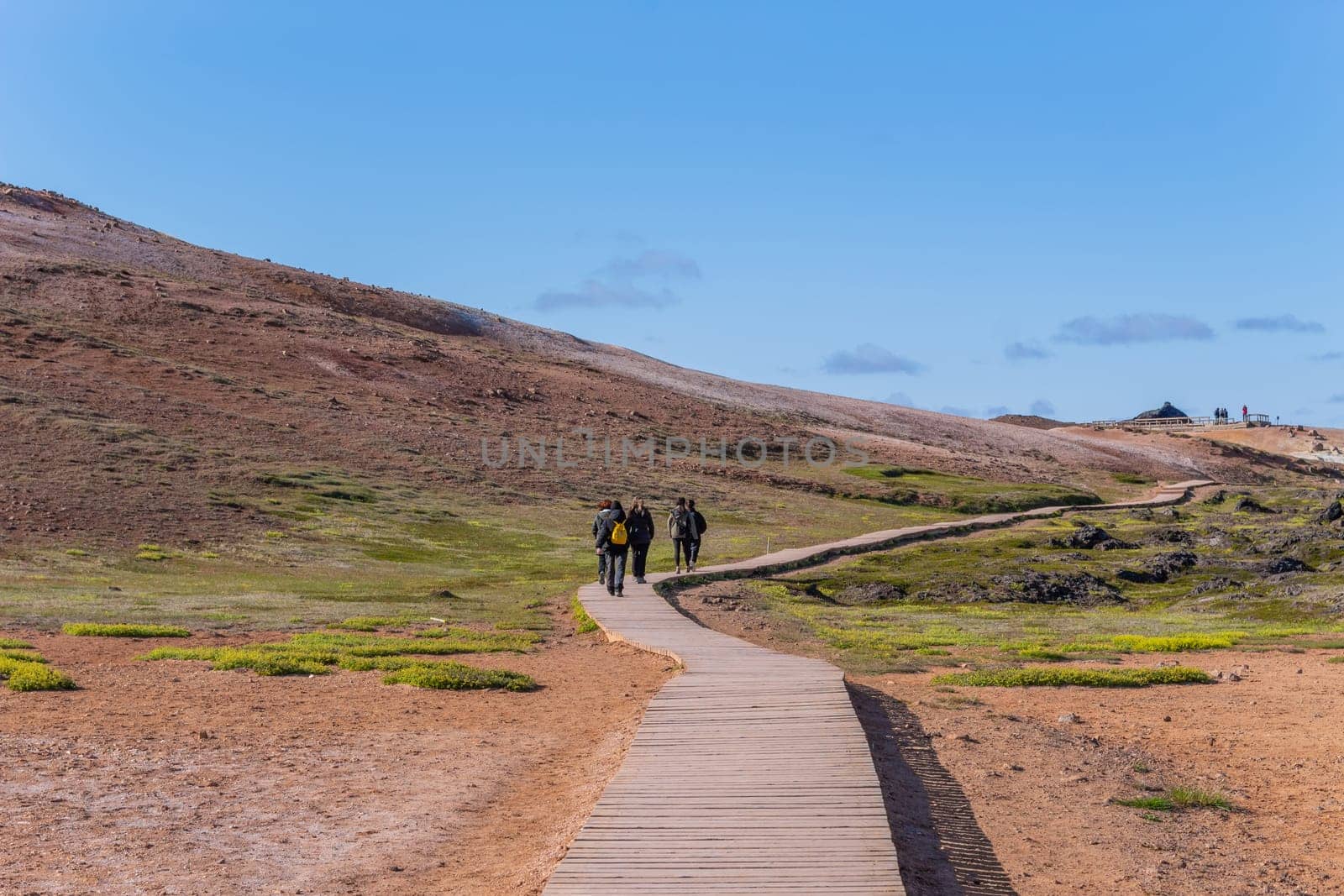 Myvatn, Iceland - July 27, 2023: People at the wooden trail near Krafla Lava Field, Myvatn, Iceland