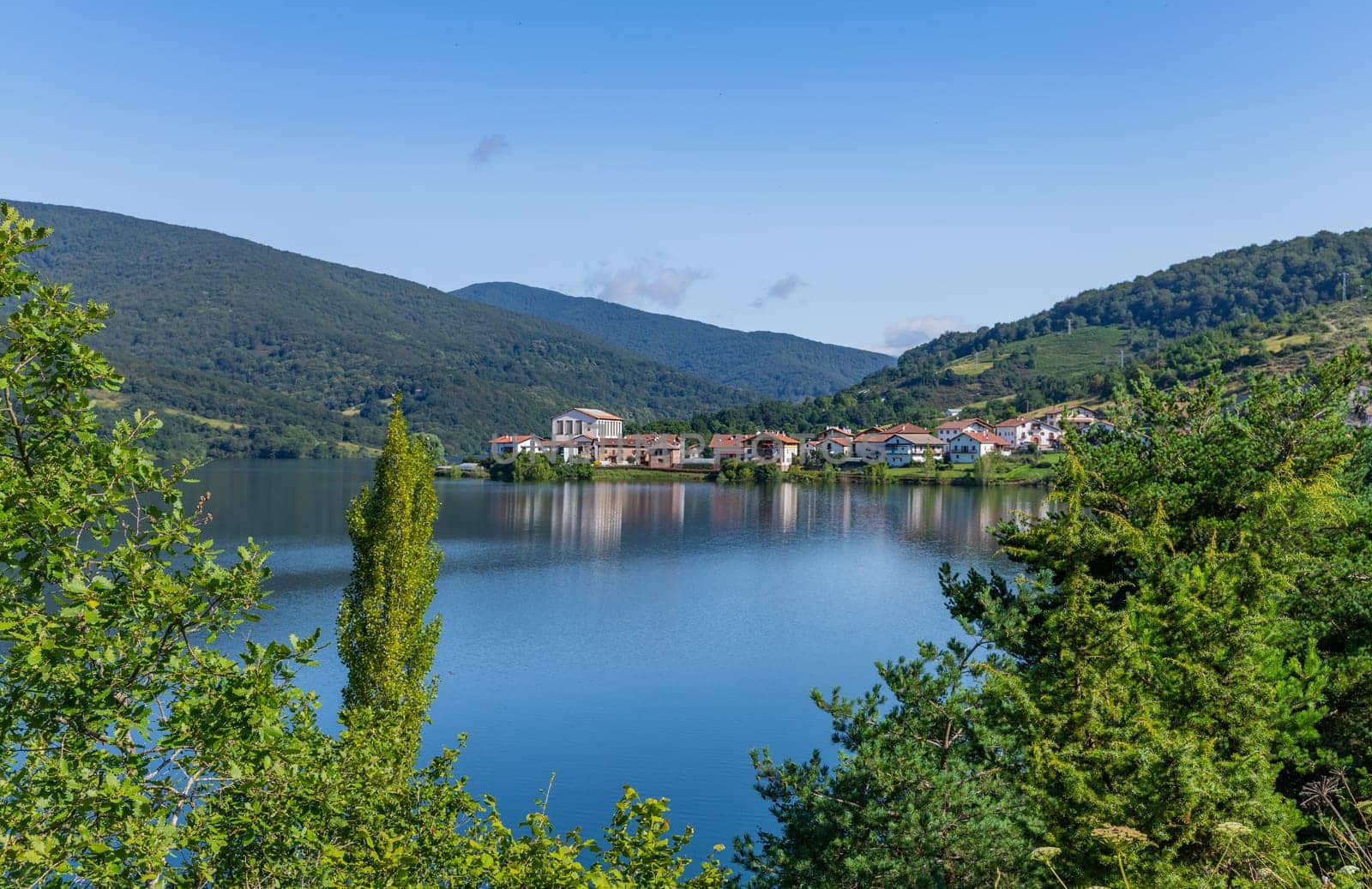 View of Eugi Reservoir in the town of Eugi, Navarra, Spain