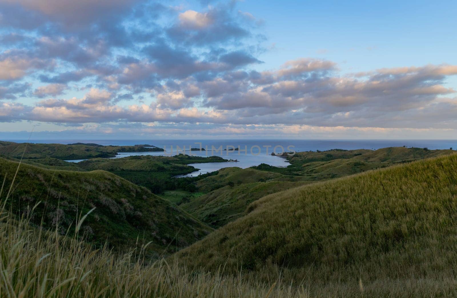 Top view of Nacula island at sunset, Yasawa island group, Fiji, South Pacific islands