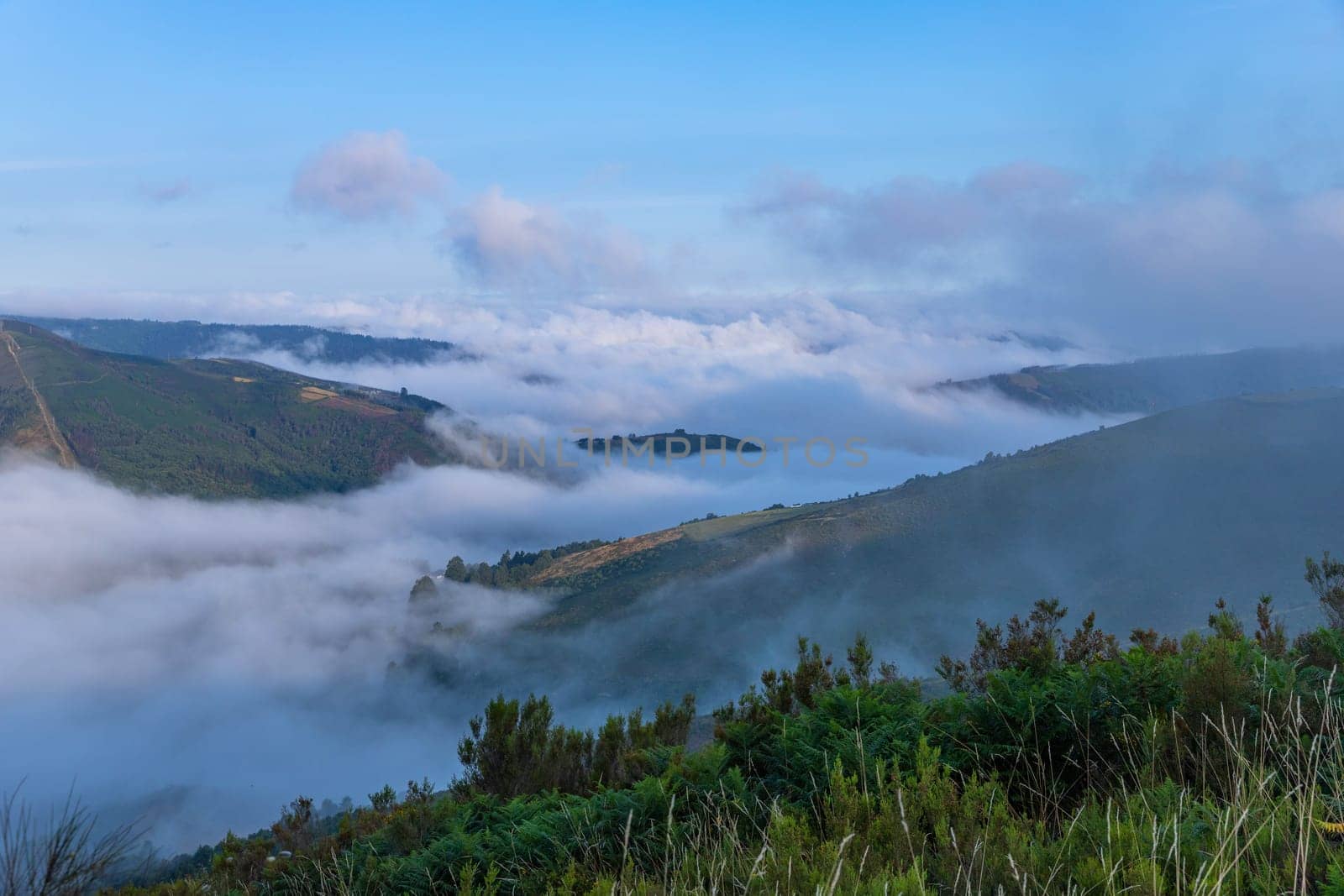 View of Galicia mountain landscape at the sunrise along the way of St. James. Lugo