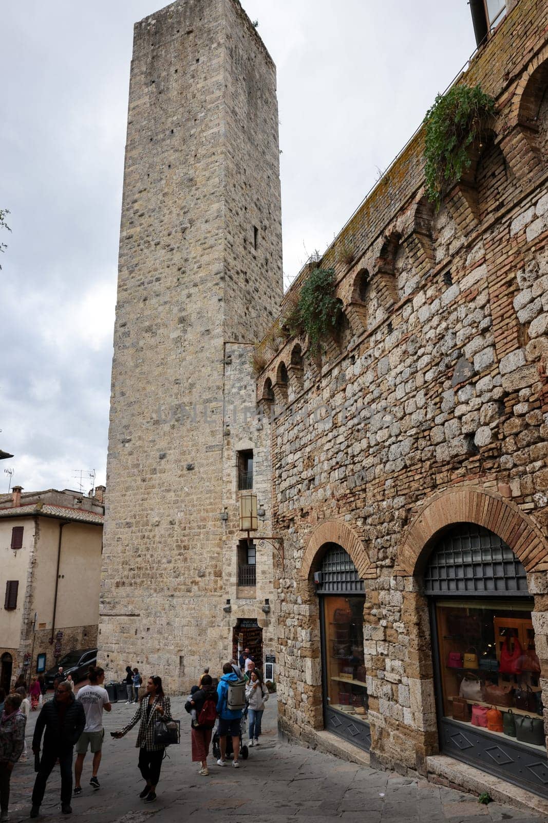 San Gimignano, Italy - Sept 17, 2022: Piazza Duomo in San Gimignano. Tuscany, Italy