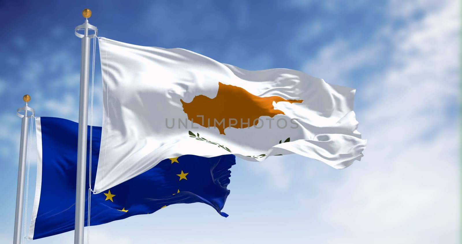Cypriot flag waving serenely with European Union flag. Symbolic unity and pride. Perfect for national identity, European cooperation. 3d illustration render. Fluttering fabric