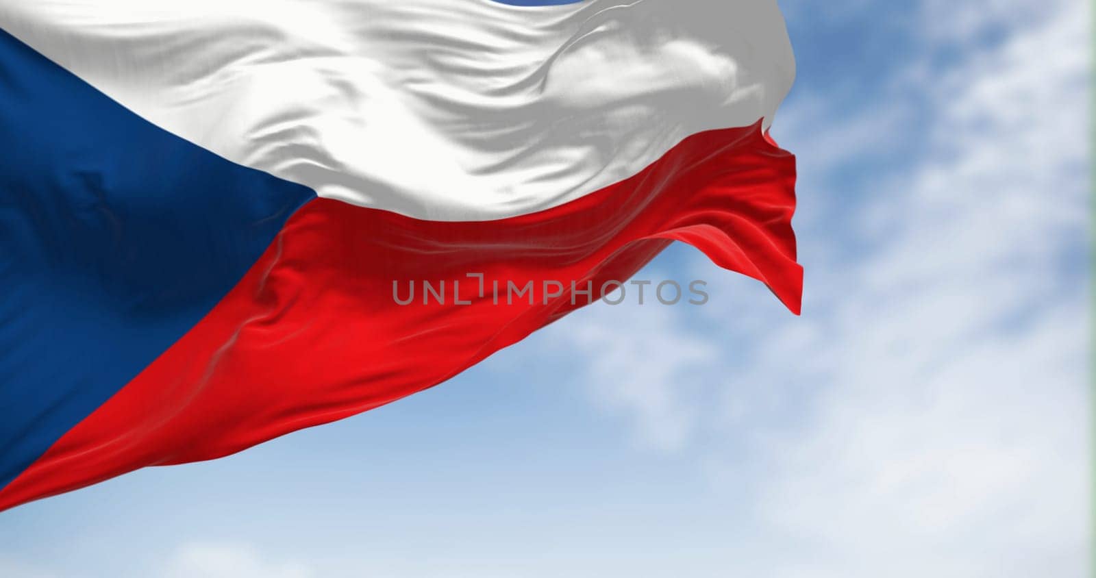 The Czech Republic national flag proudly waves on a clear day. A symbol of independence, pride, and cultural heritage. 3d illustration render. Fluttering fabric