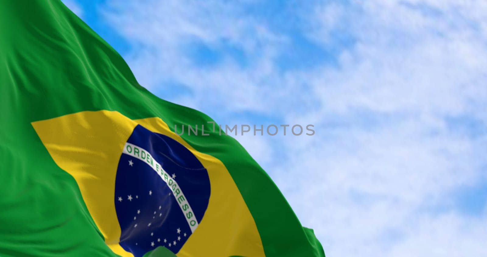 Vibrant Brazilian national flag waving against a serene sky backdrop. Patriotic symbol with vibrant colors and a sense of freedom. Perfect for patriotic concepts. 3d illustration render