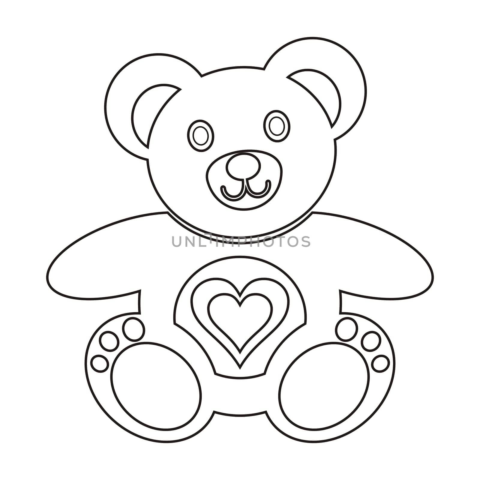 Cute teddy bear colouring picture with heart on white background