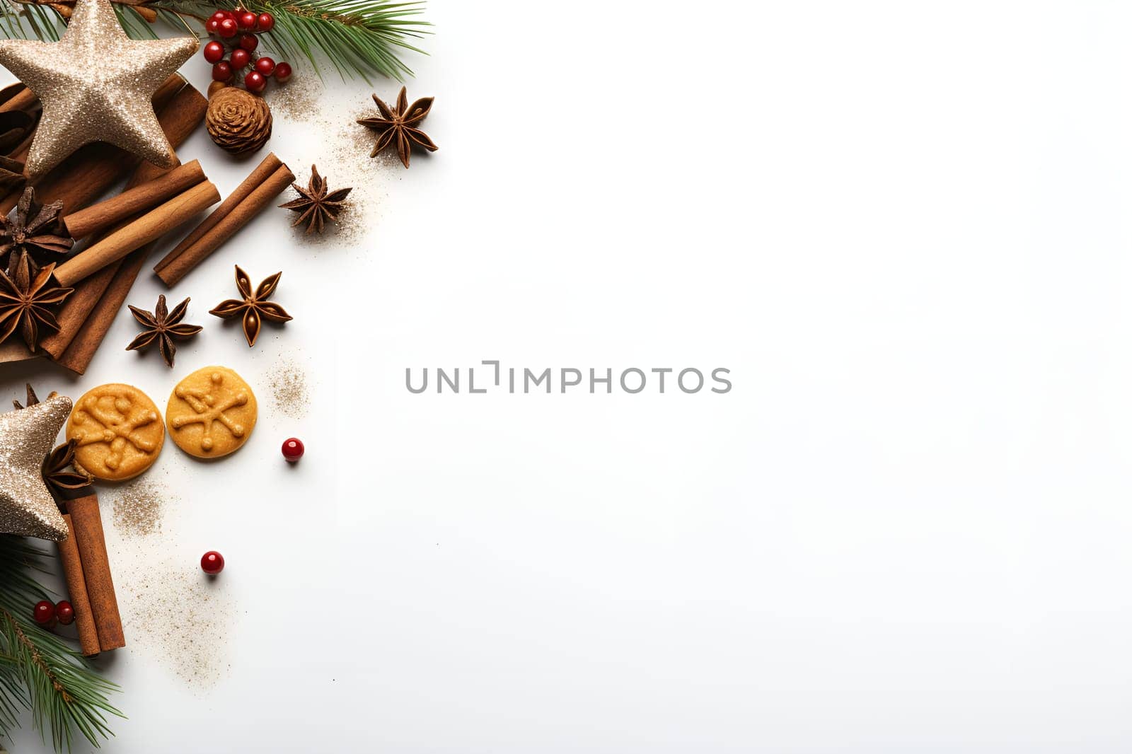 Christmas composition. Stars, cones, fir tree branches, decorations on white background.