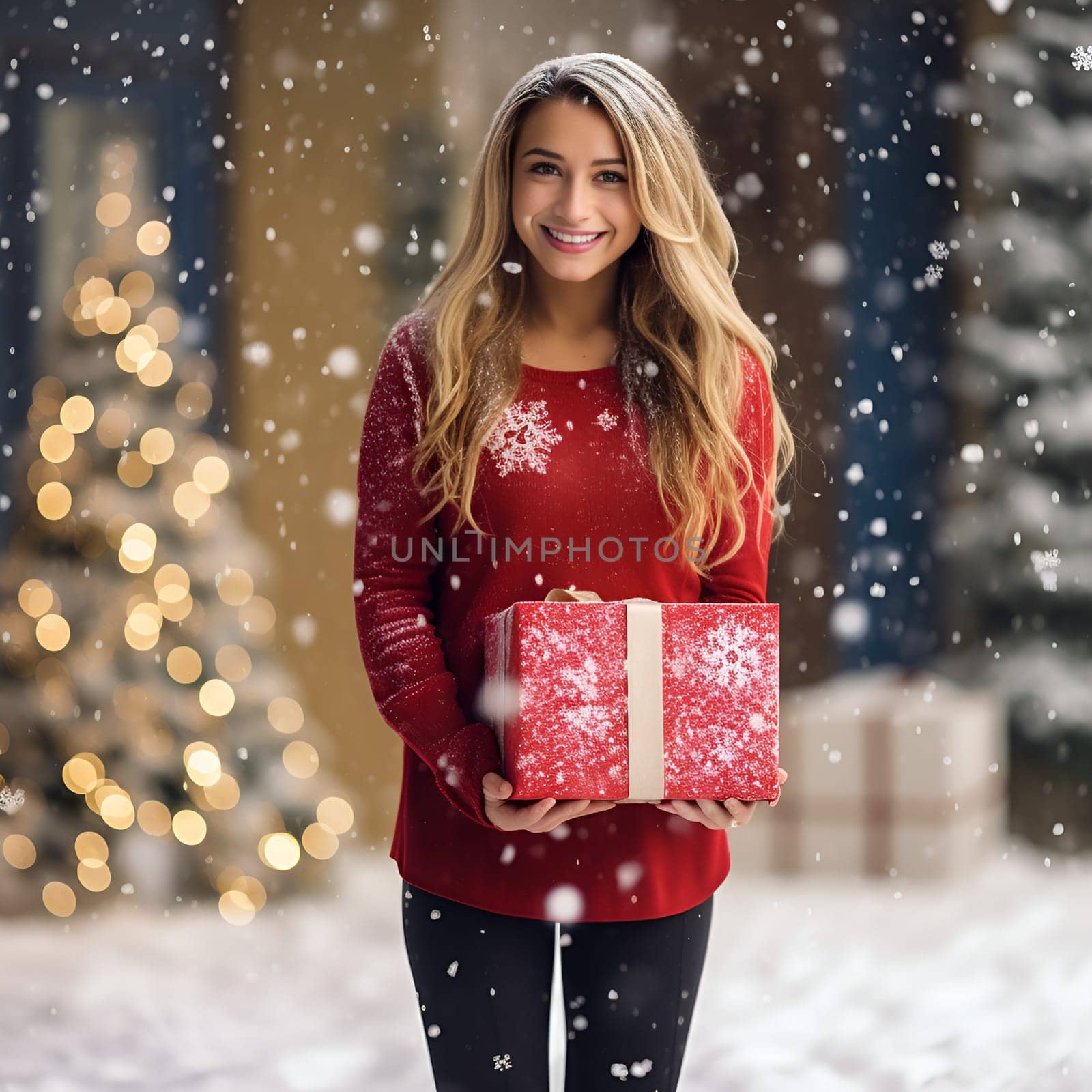 Happy young woman holding a present box in snowy night