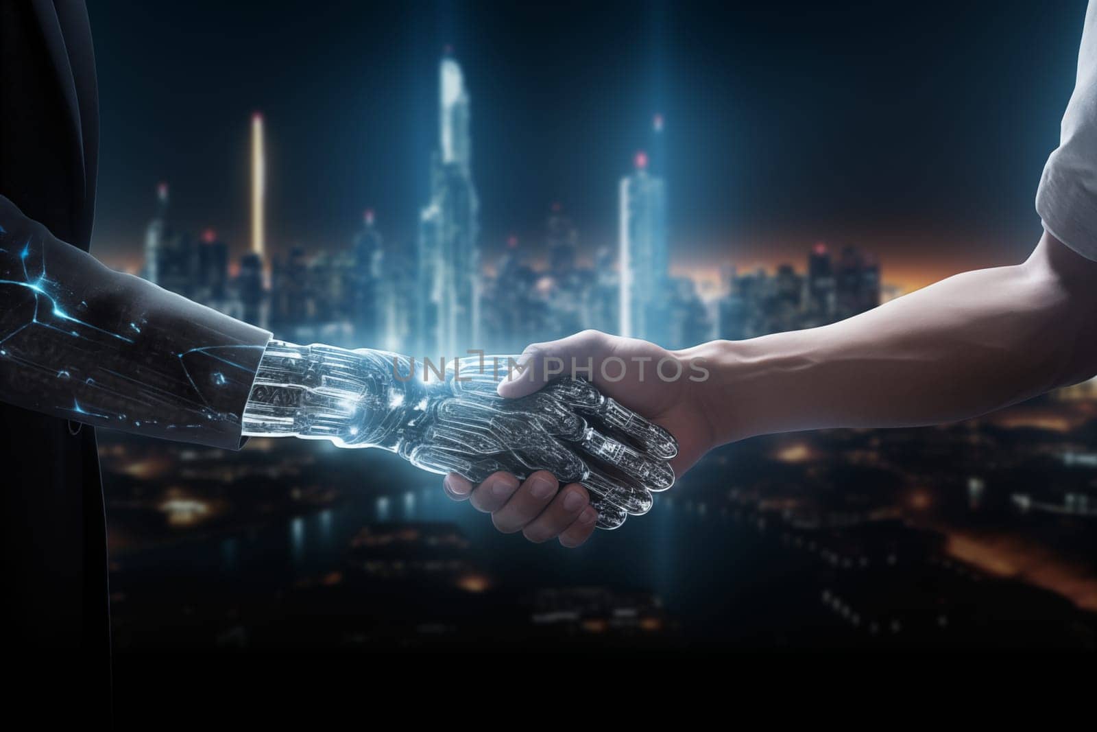 Human and Robot hands in handshake on futuristic background. The concept of Artificial intelligence technology, robot helper