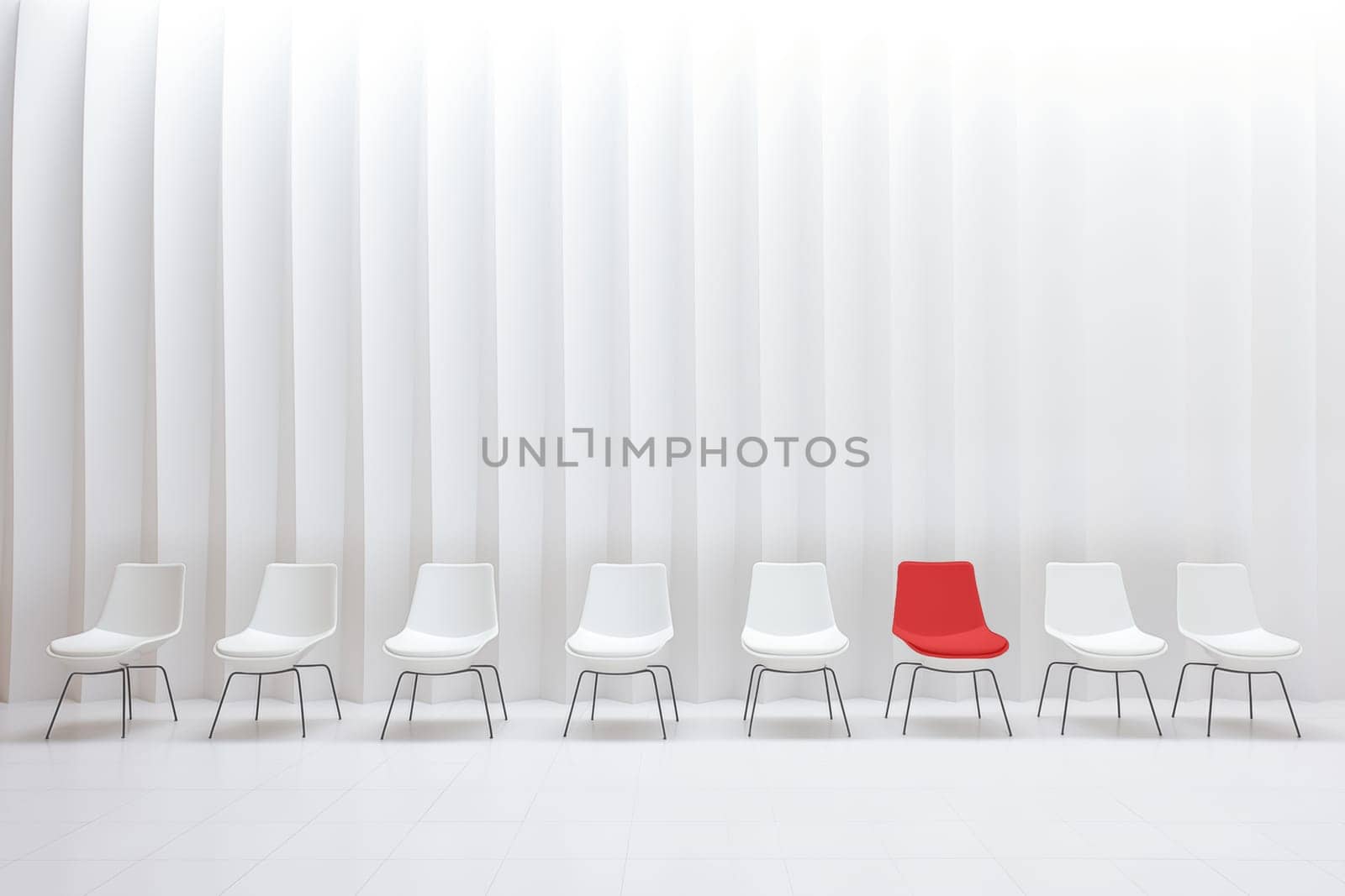 Special red chair in the same row with white chairs along the wall in office waiting room. Nobody