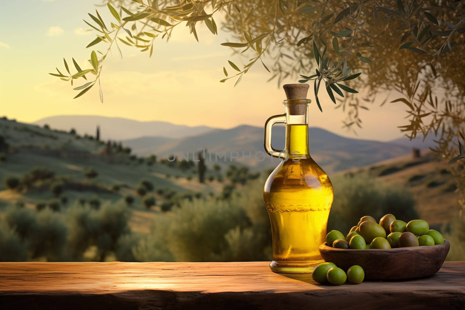 Bottle with virgin olive oil and olive fruit close up.