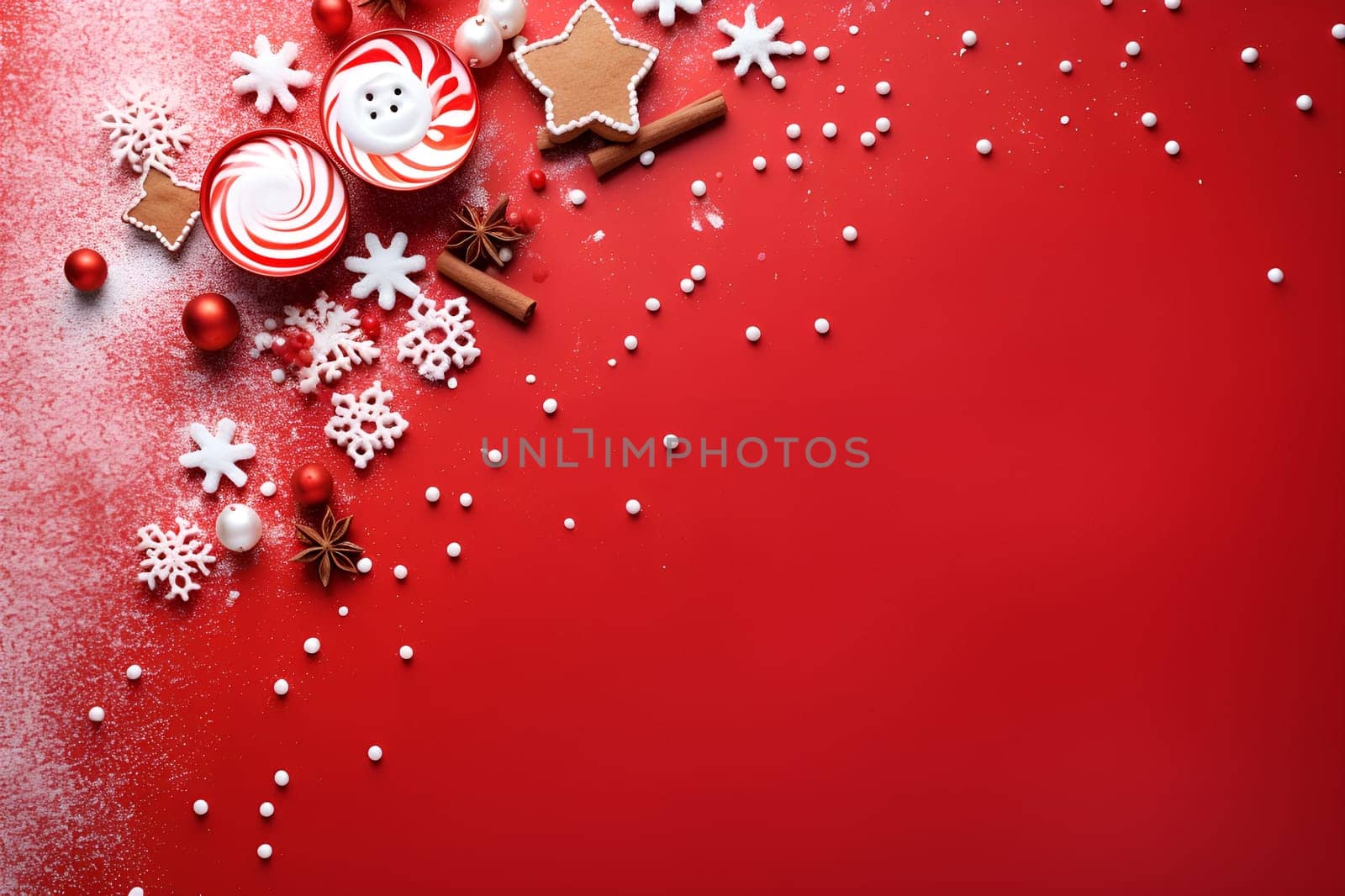 Red Christmas background with winter decoration, tree branches and stars. Holiday copy space layout