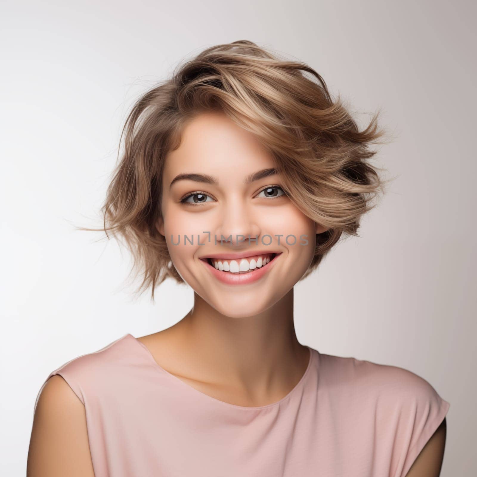 Head shot of beautiful caucasian woman with short haircut, smiling, in t-shirt on white background