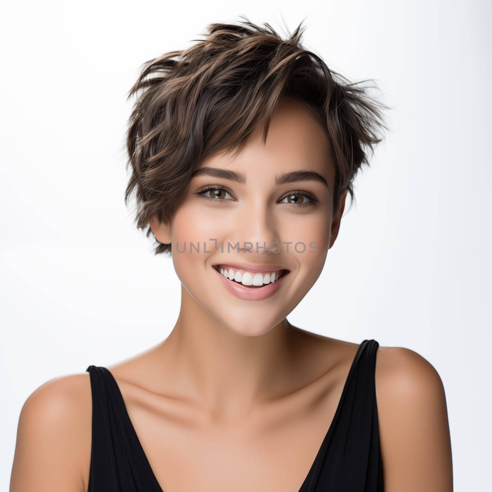 Closeup portrait of beautiful Argentinian young woman with short hair with perfect clean skin on white