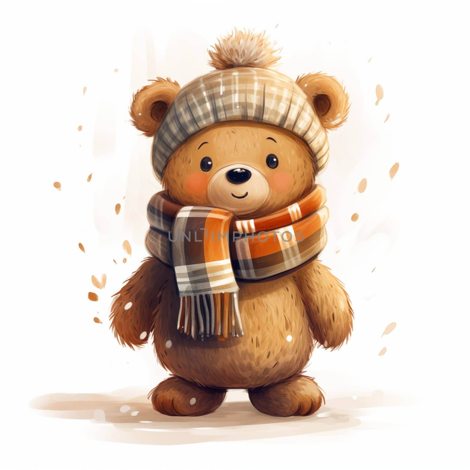 Toy cartoon bear with scarf on white background.