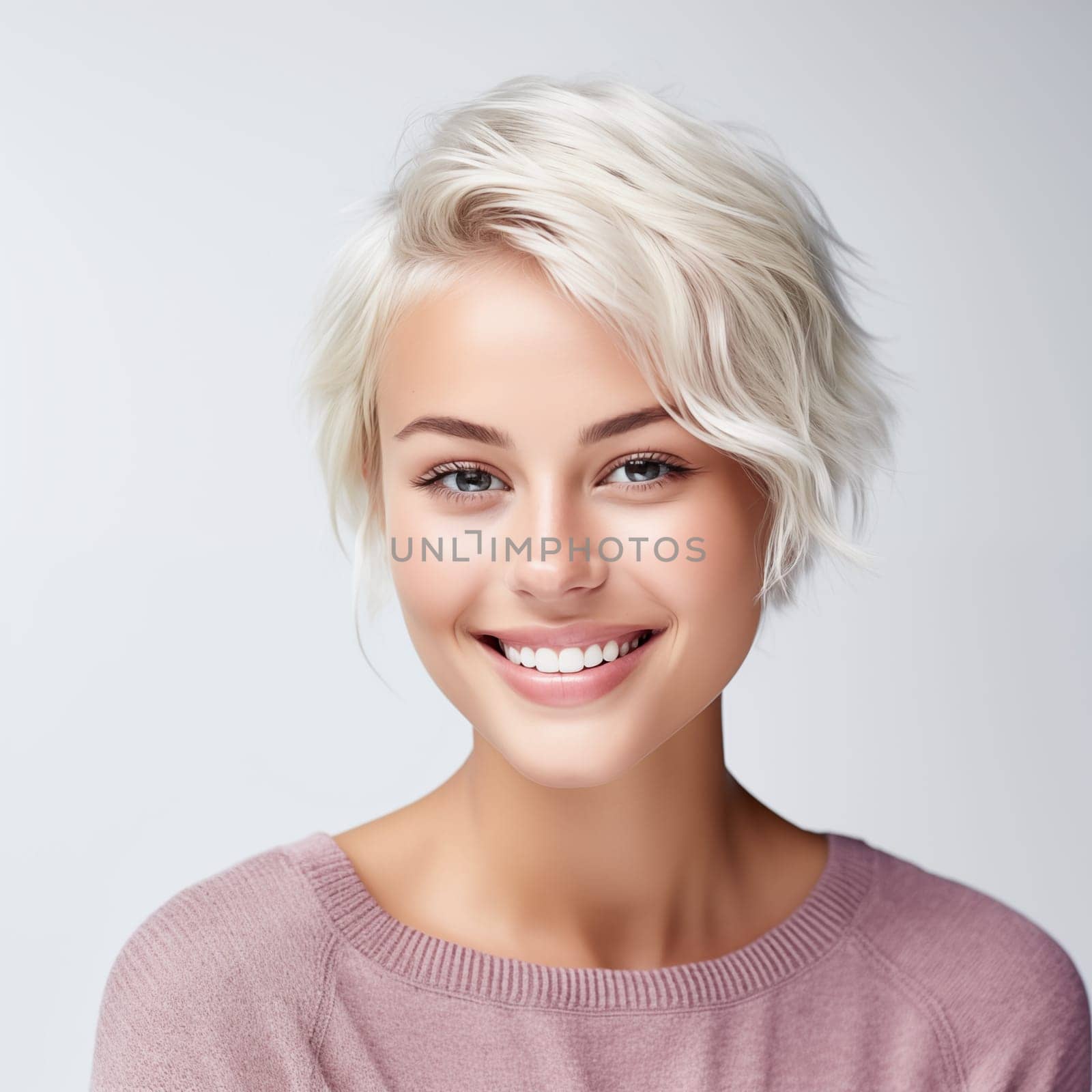 Beautiful young blonde woman portrait, short hairstyle, on white background studio shot.