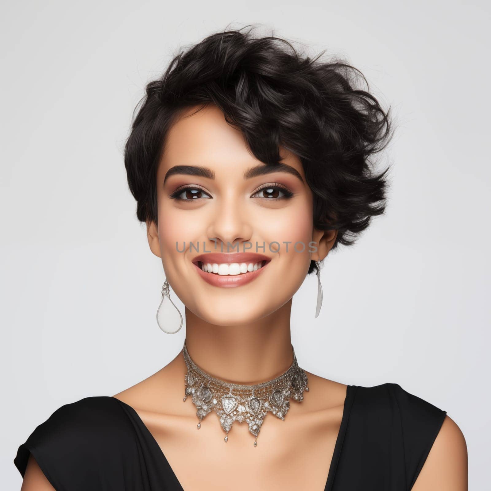 Portrait of smiling Arabian woman with short hairstyle, studio shot.