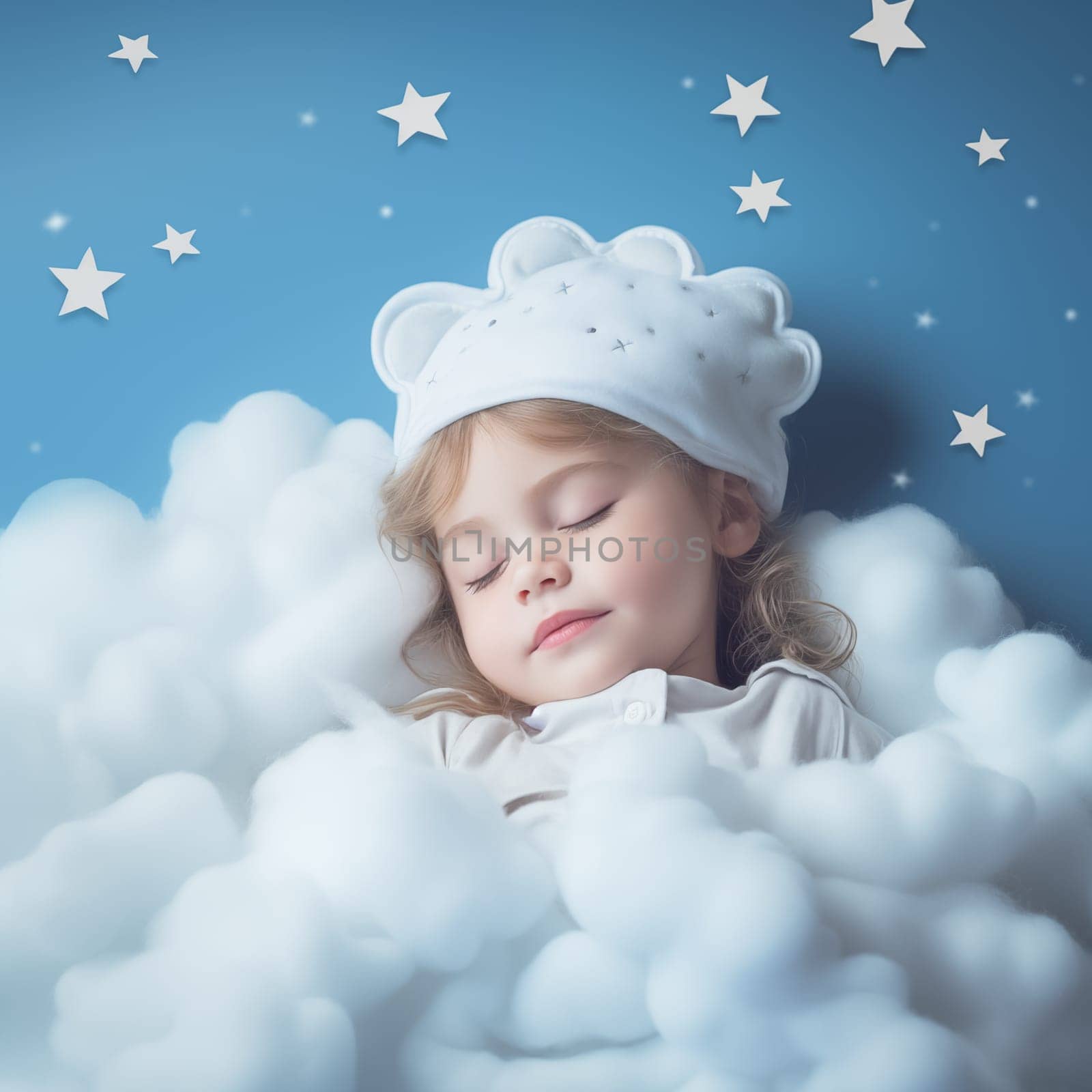 Cute little girl asleep in clouds among stars