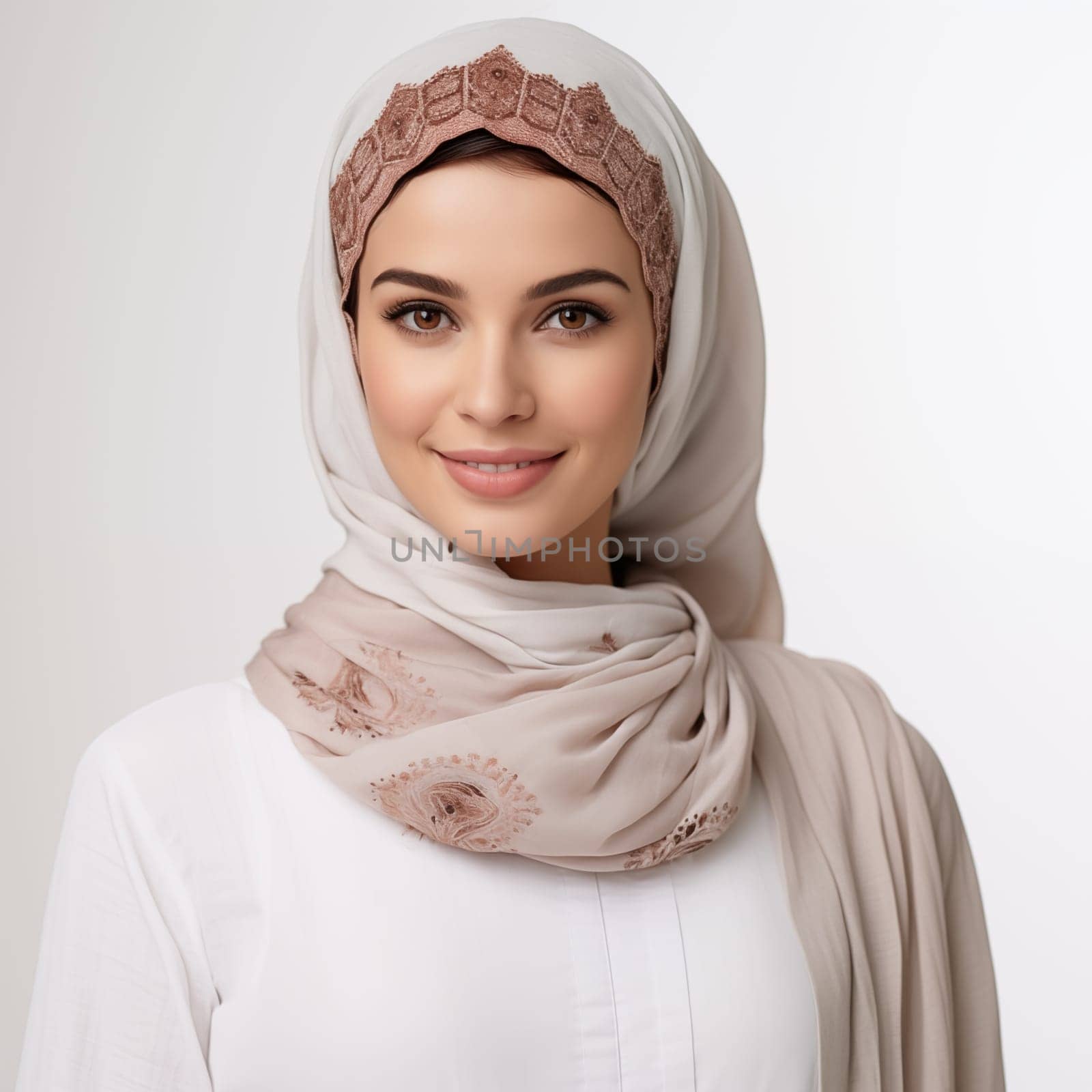 Portrait of islamic woman smiling. Beautiful asian muslim woman model posing on white wall studio