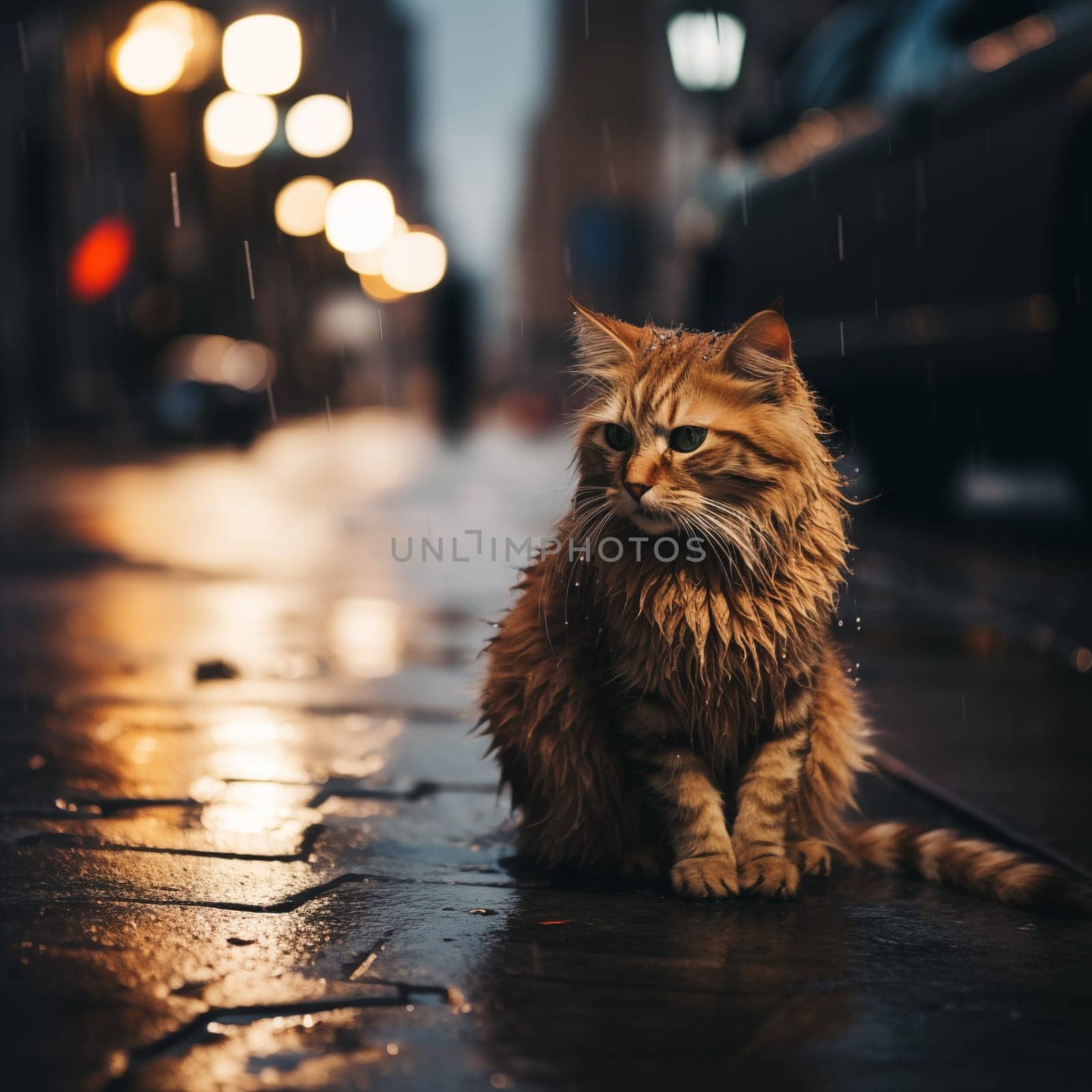 A sad, lonely abandoned homeless cat sits on a city street in the rain, in the evening