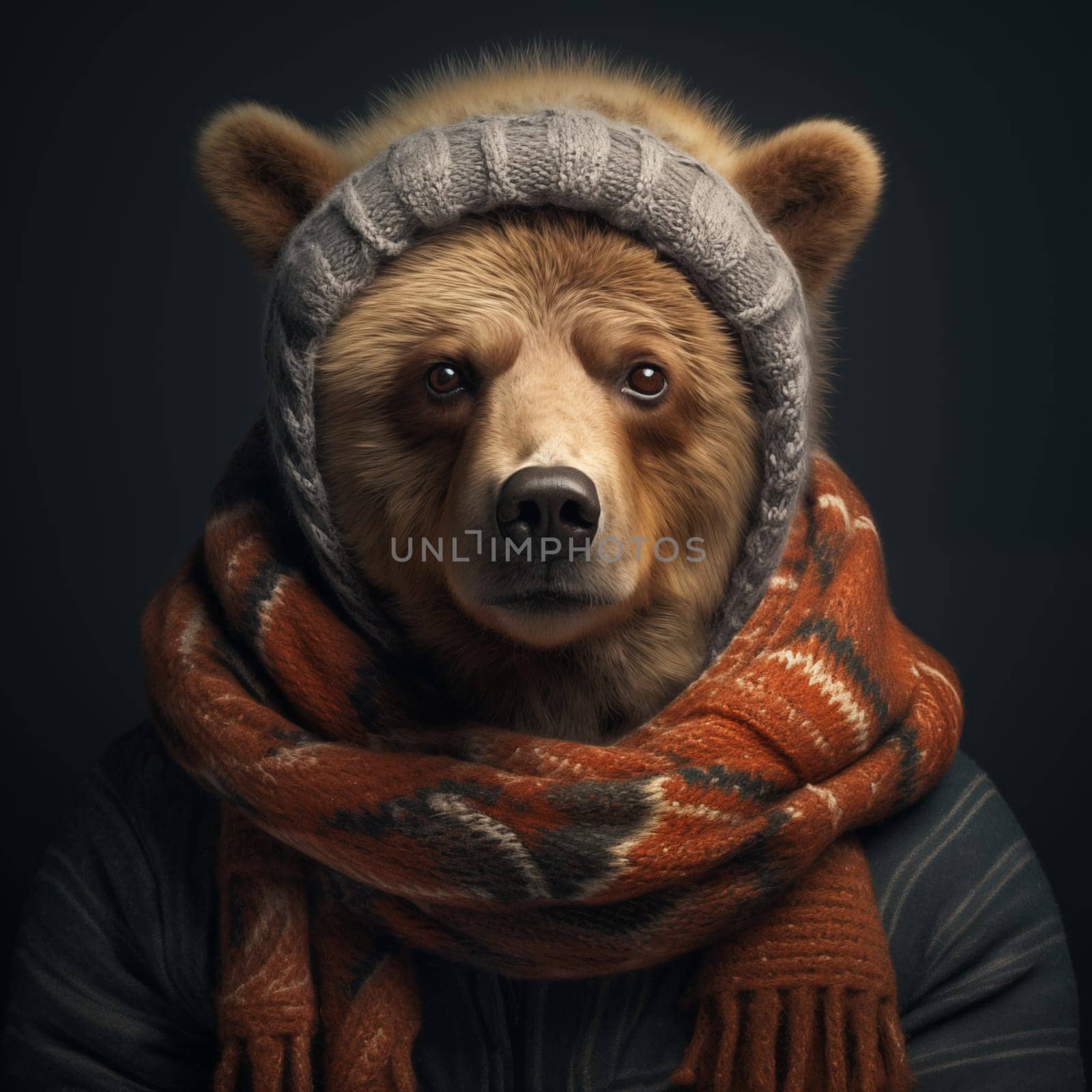 Realistic Bear with warm scarf. Studio shot. Animal behaves like a human.