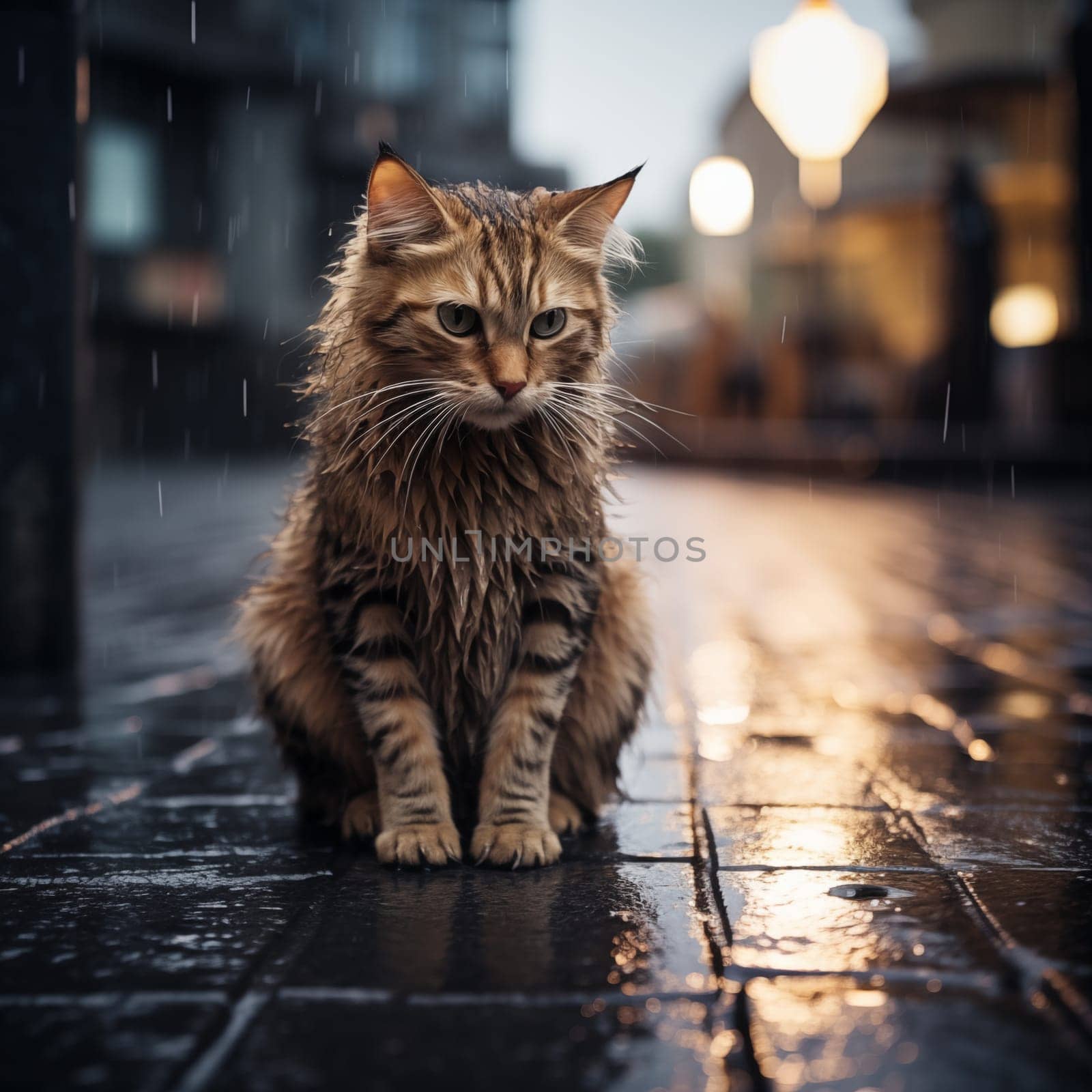 A sad, lonely abandoned homeless cat sits on a city street in the rain, in the evening