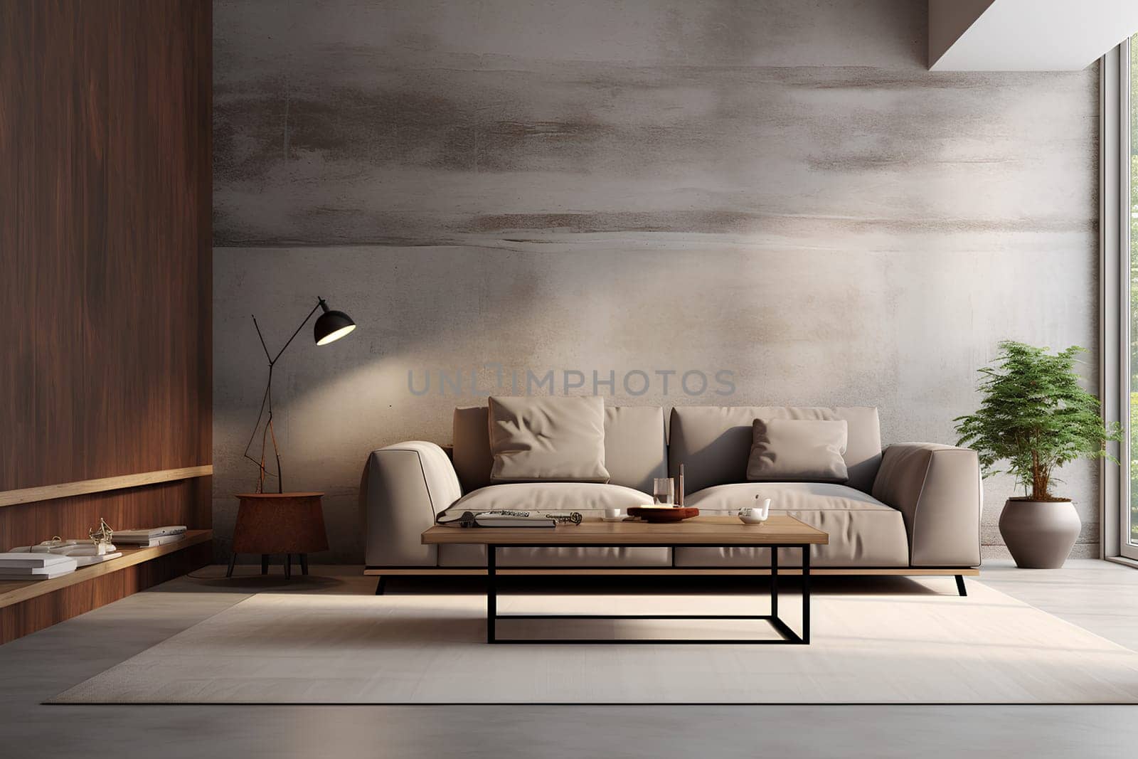 Interior design of cozy living room with stylish sofa, coffee table and floor lamp
