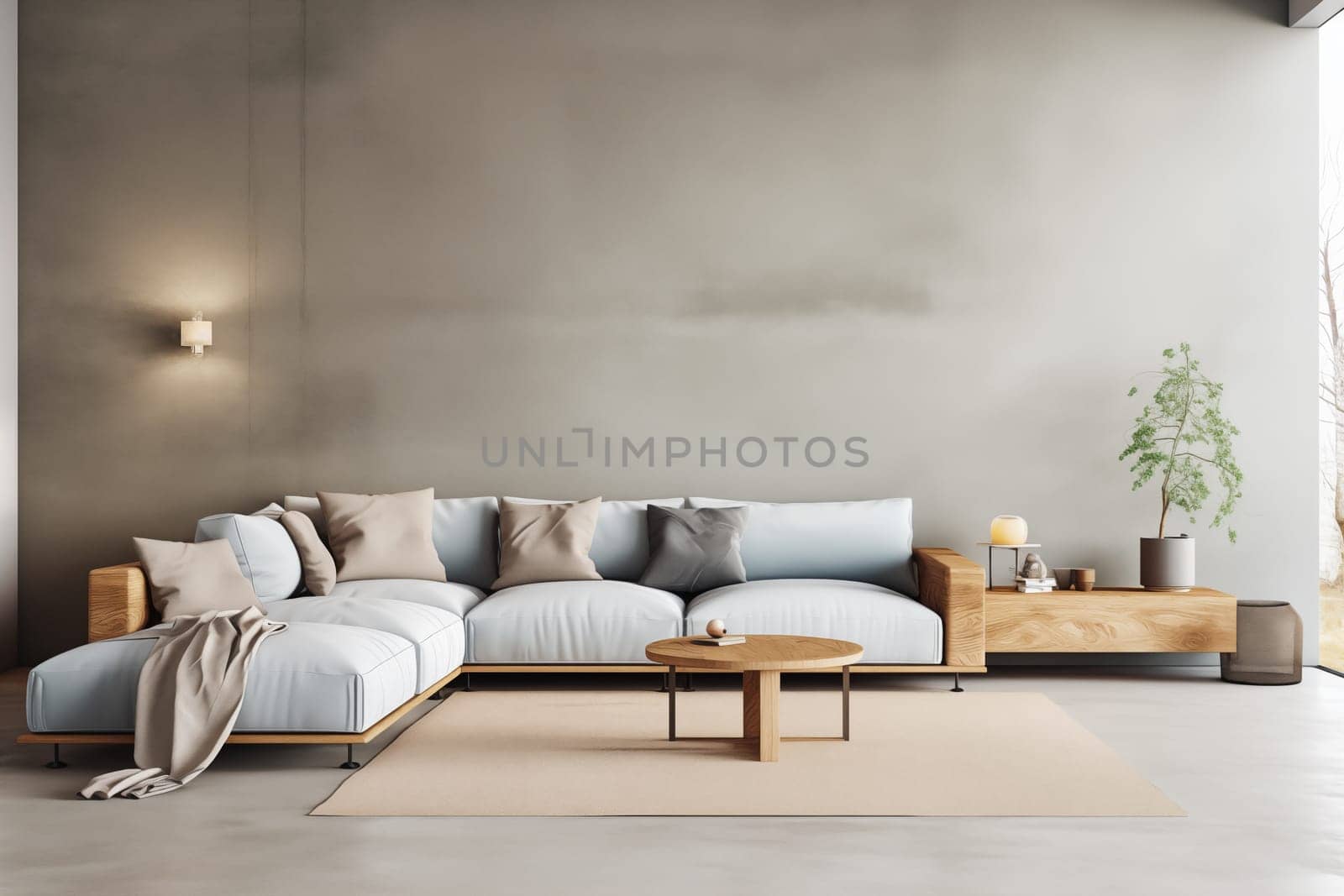 Interior design of cozy living room with stylish sofa, coffee table and floor lamp