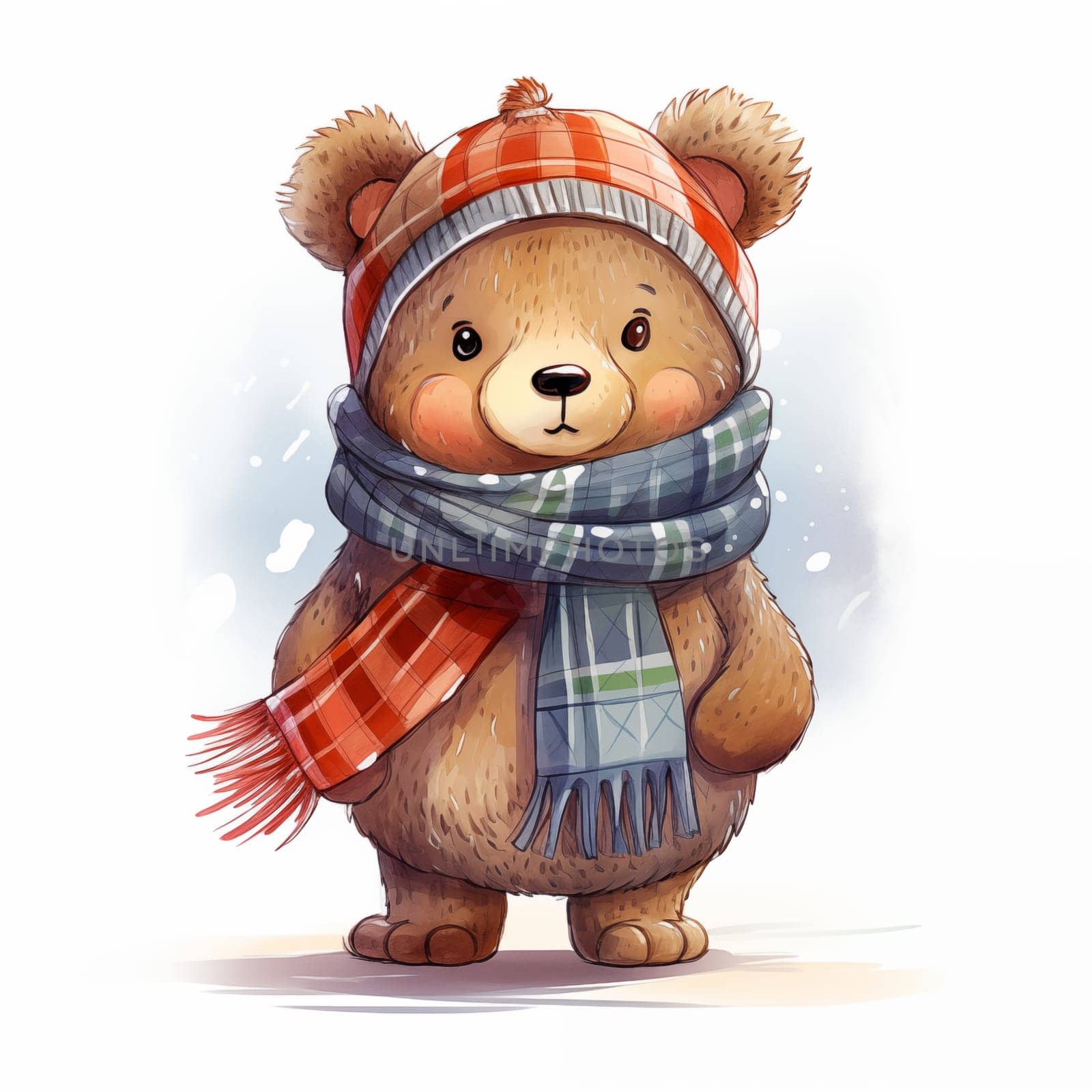 Toy cartoon bear with scarf on white background.