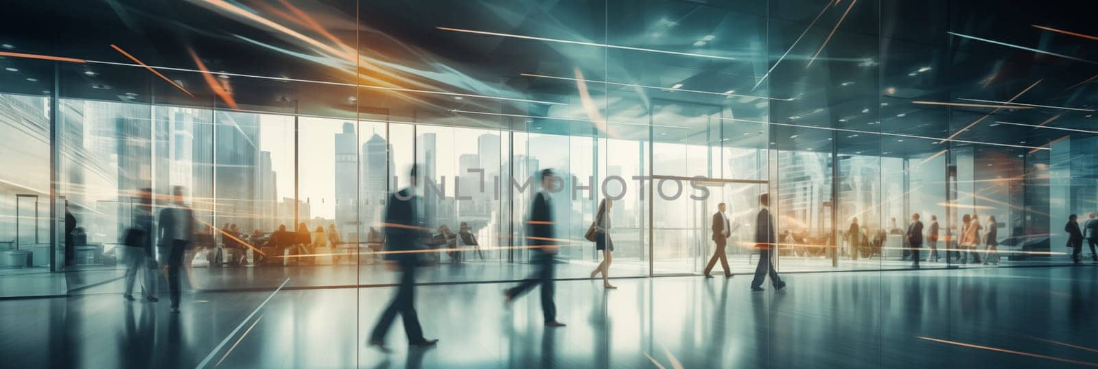 Contemporary office interior with Blurred business people rushing through.