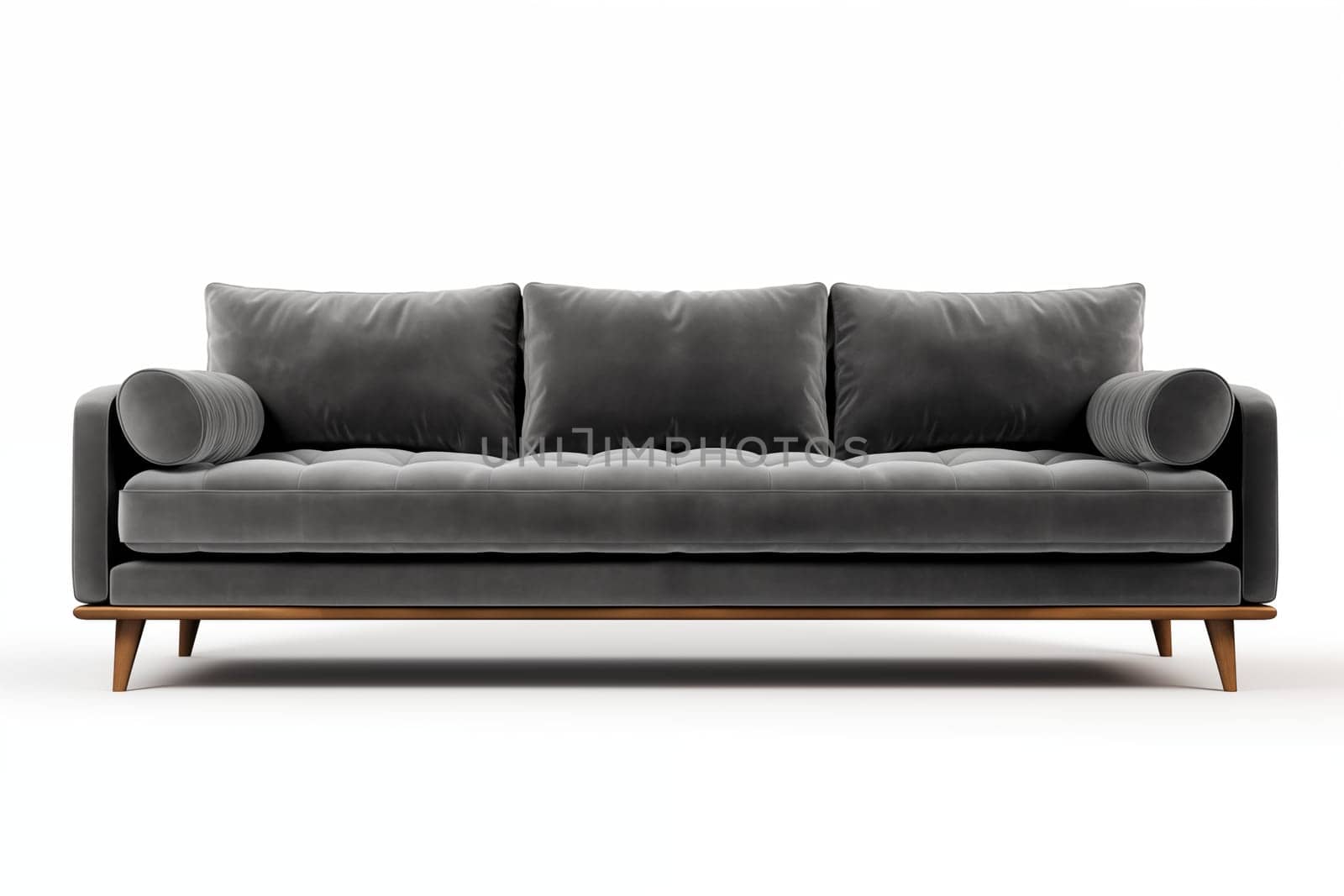 Gray velvet contemporary sofa furniture on white background.