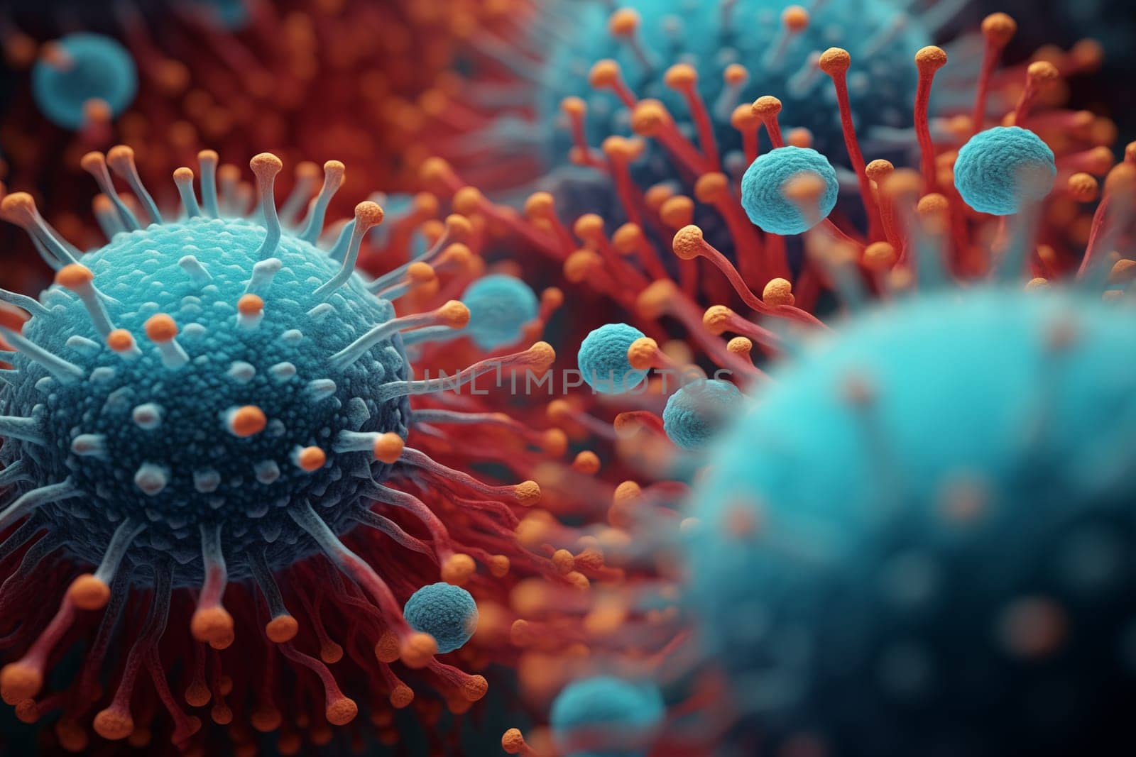 Viruses microscopic view, concept of medicine, ills research and virology.