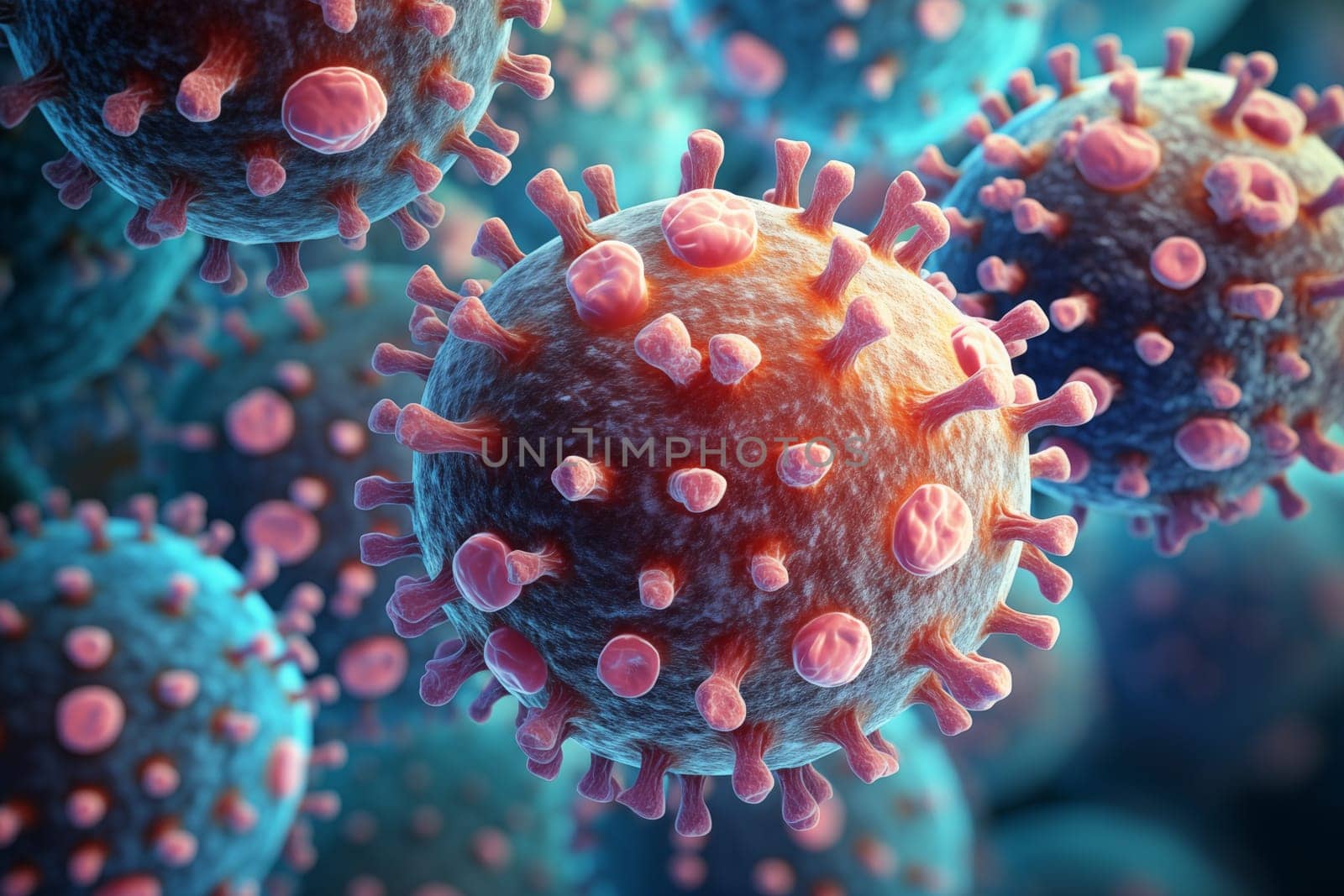 Viruses microscopic view, concept of medicine, ills research and virology.