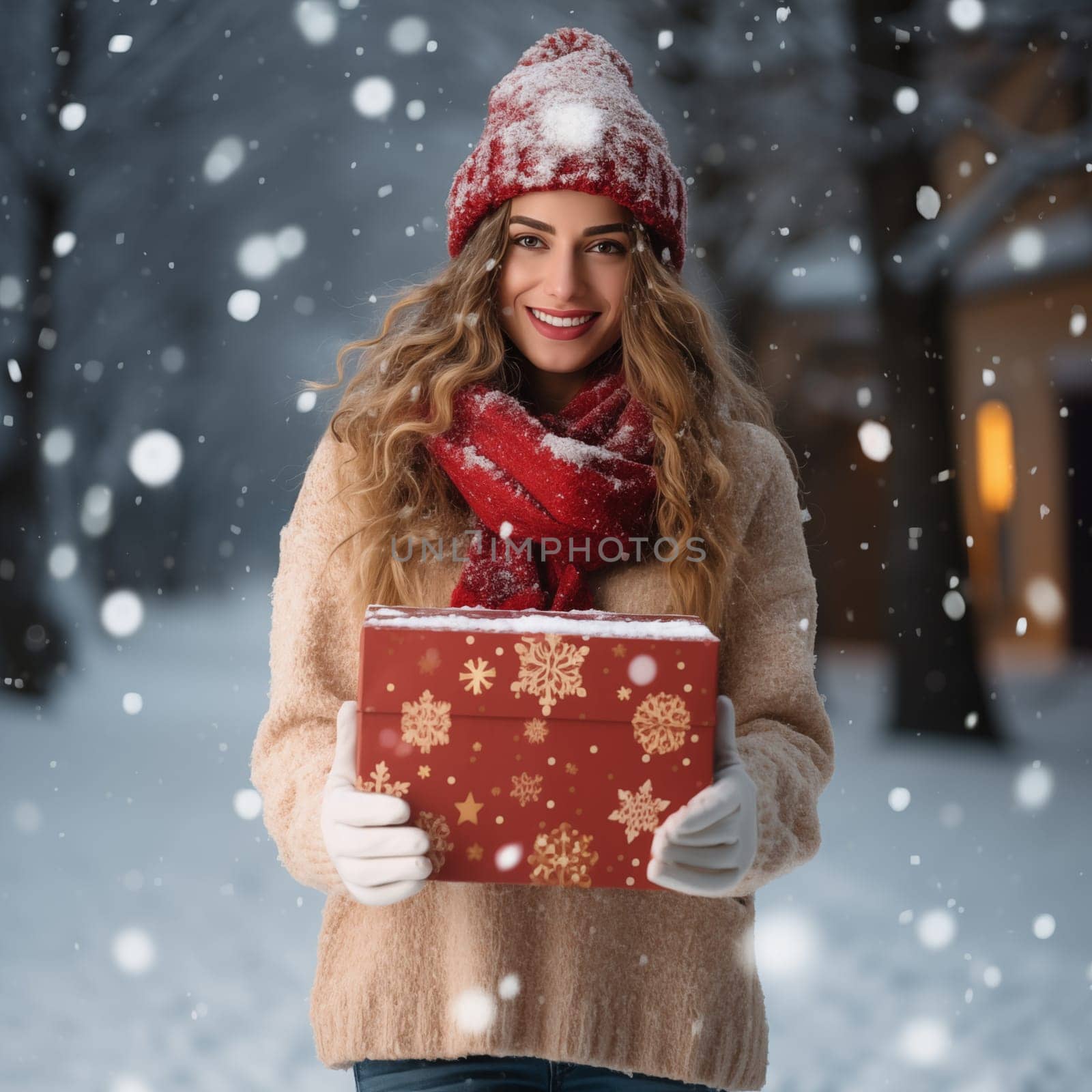 Christmas happy smiling young woman with gift box wearing a knitted hat standing outdoors, lights in bokeh