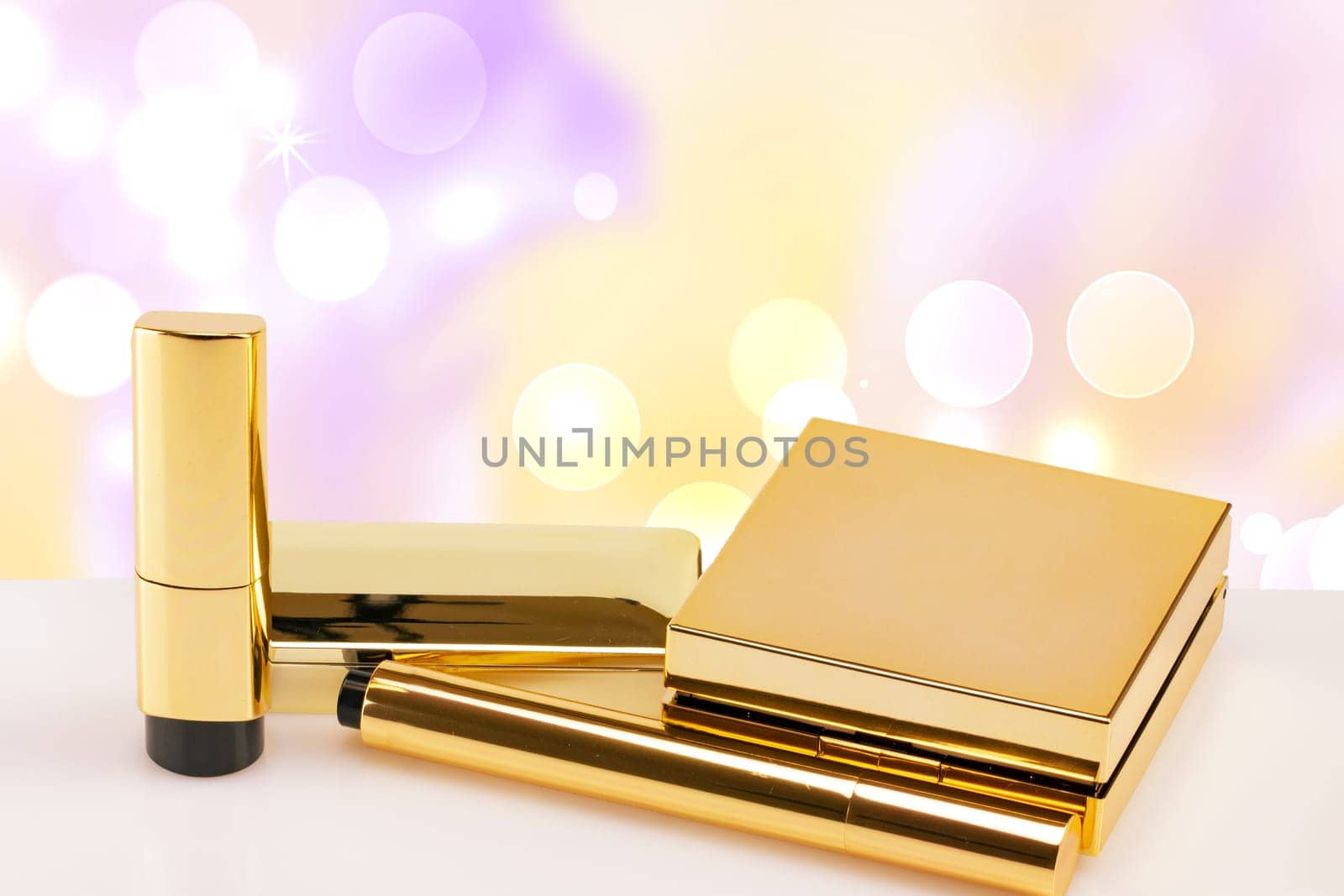 Cosmetic branding, blank label, sale and gold luxury beauty style. Decorative composition of various beauty and makeup products. Space. Happy Valentines or Mothers Day template.