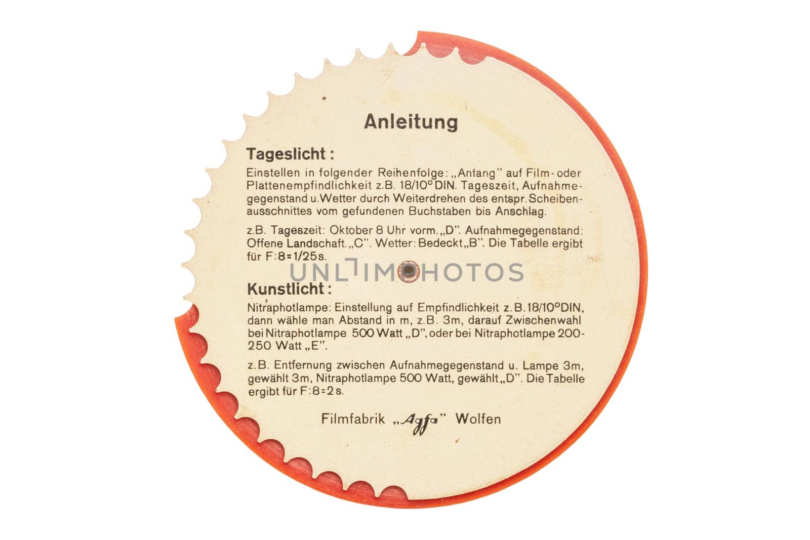 Germany, Potsdam – 22 Nov 2019. Agfa Din daylight and artificial light exposure table. Vintage light meter. Filmfabrik Wolfen. Clipping path.