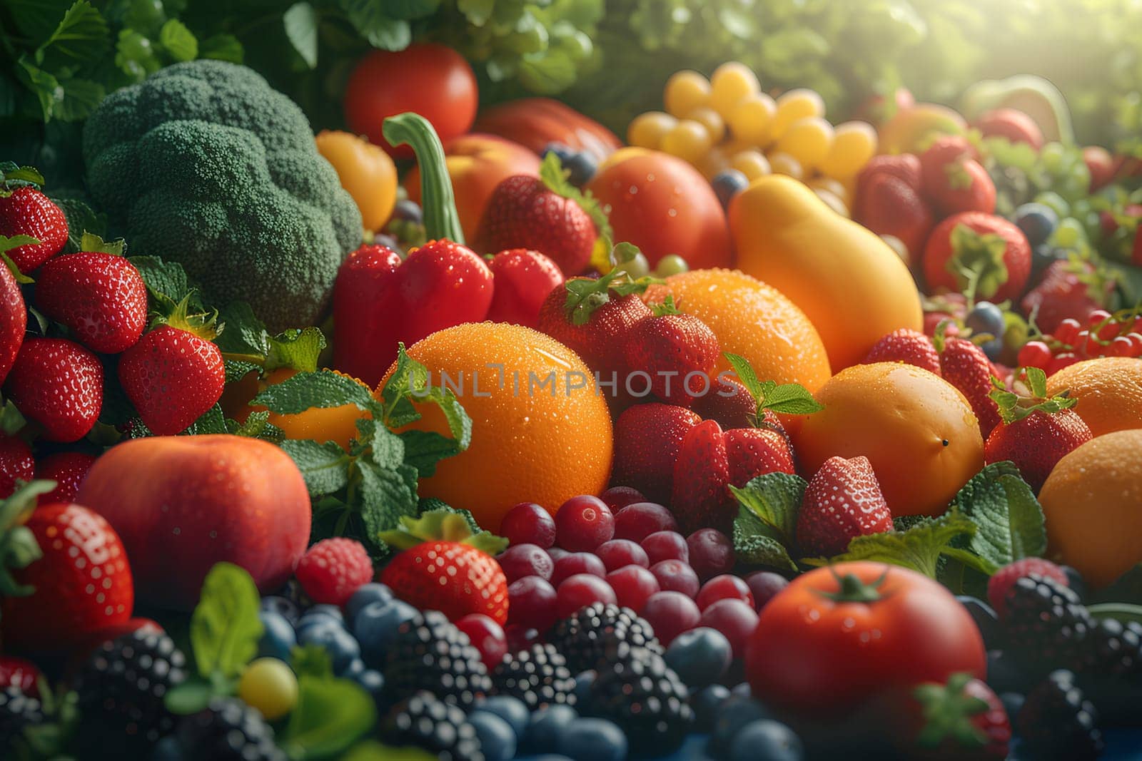 Various types of fruits and vegetables Fresh and colorful Spread across the entire picture Contains important nutrients for the body Suitable for use in making presentations about healthy food.