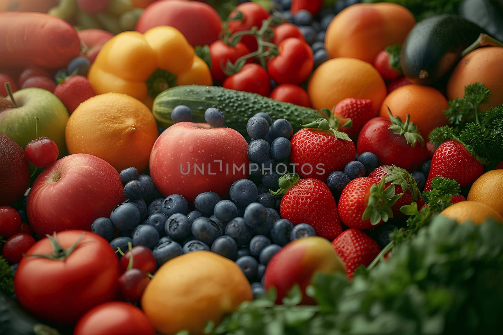 Various types of fruits and vegetables Fresh and colorful Spread across the entire picture Contains important nutrients for the body Suitable for use in making presentations about healthy food.