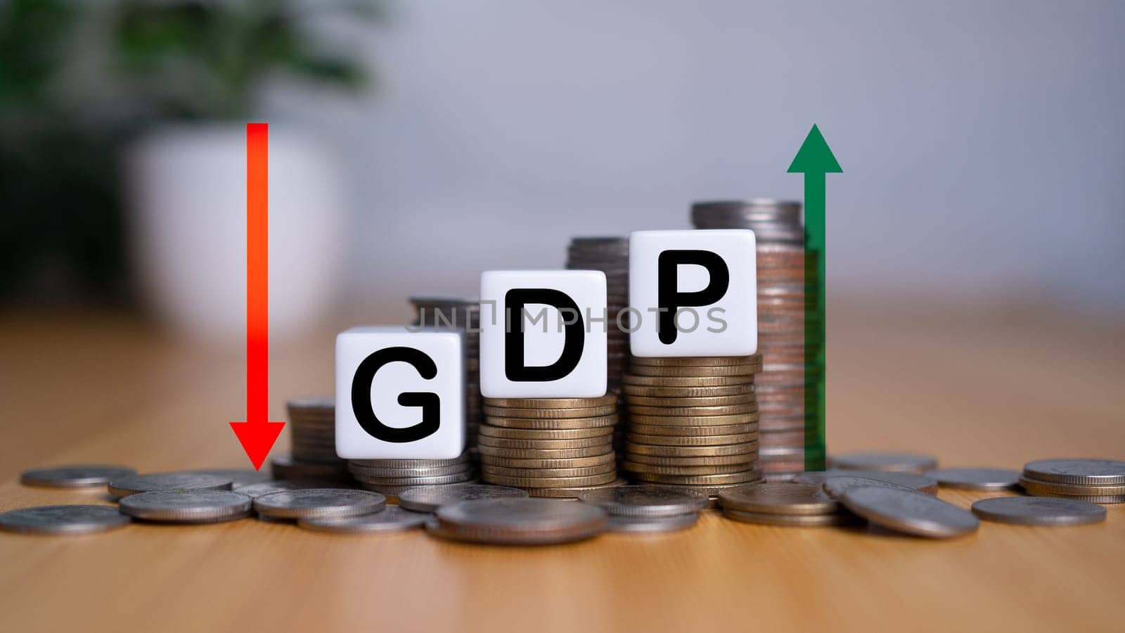 Gross domestic product, Financial, Management, Economic, Inflation, recession and Money concepts, GDP block with Coins stack and UP and Down arrow symbol icon.