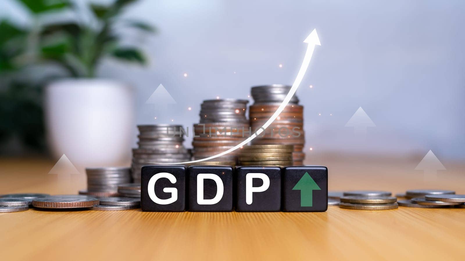 Gross domestic product, Financial, Management, Economic, Inflation, recession and Money concepts, GDP block with Coins stack and UP and Down arrow symbol icon.