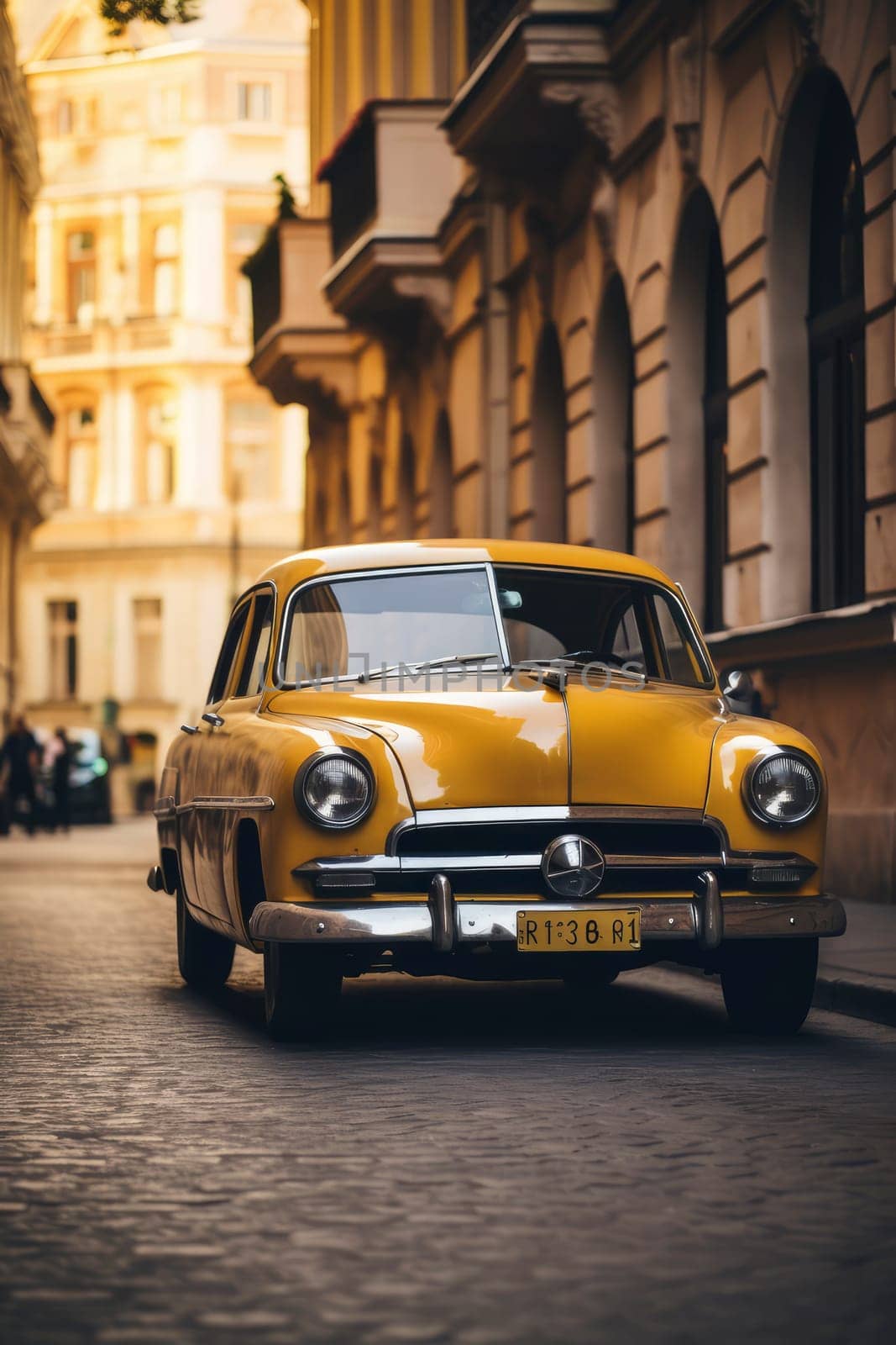 An old yellow car is parked on the side of a street, adding a vintage touch to the urban scene.