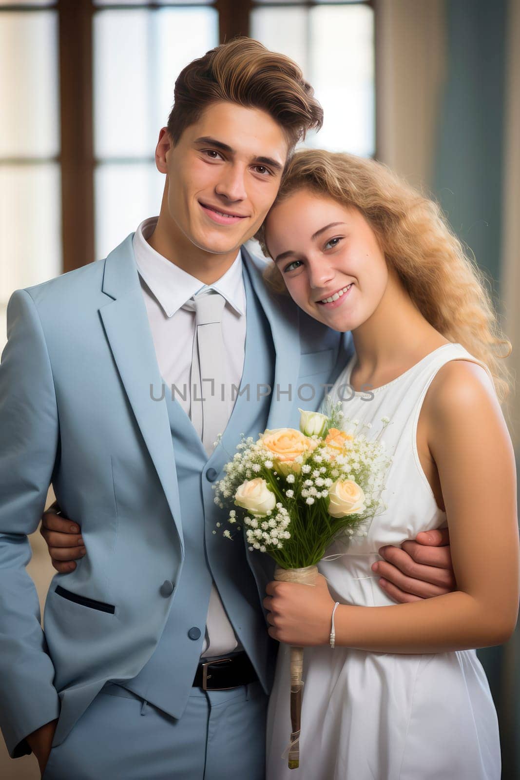 A man dressed in a blue suit stands beside a woman wearing a white dress.