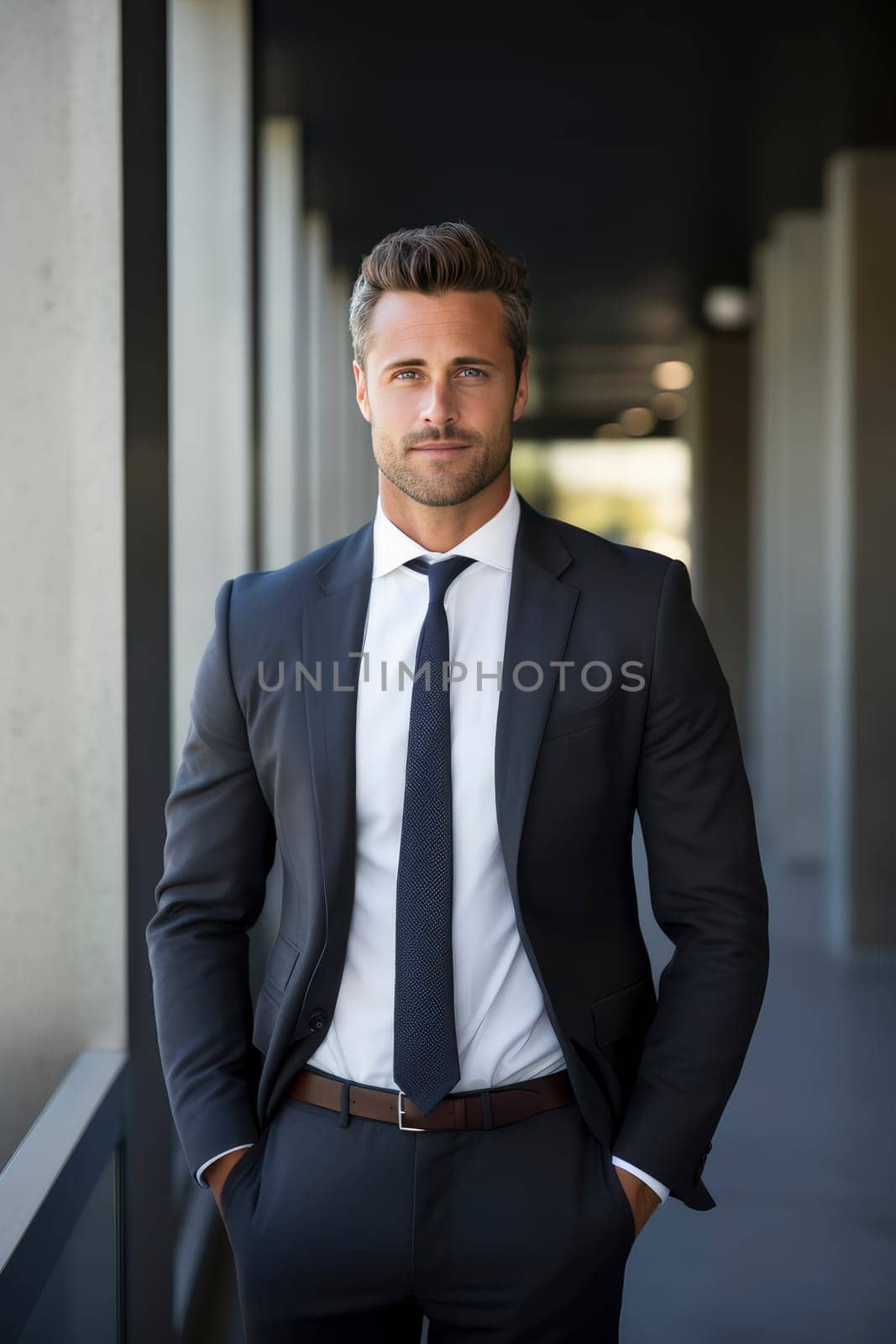A professional man dressed in a suit and tie stands confidently in a bright, well-lit office hallway.
