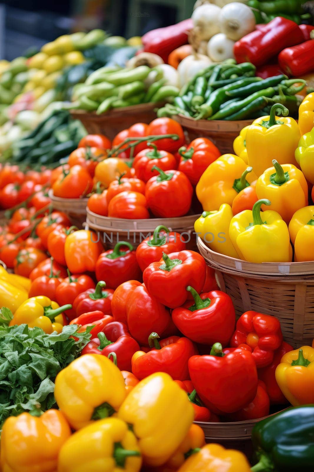 Various types of peppers and other vegetables arranged in baskets, showcasing their vibrant colors and freshness.